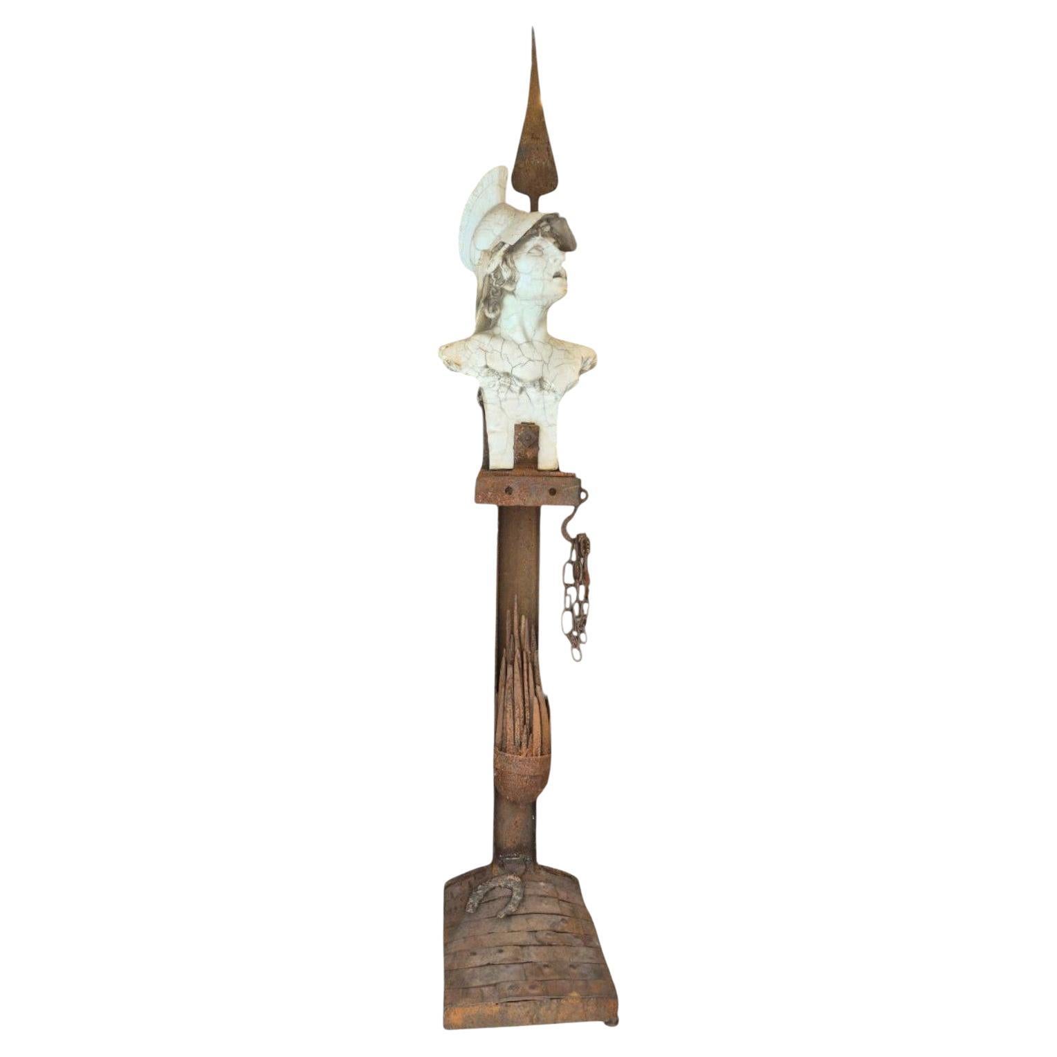 Mars God of war in rust-patinated steel & antique marble by Michel Froment, 2025 in vendita