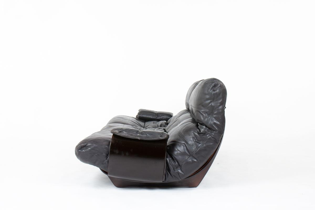 French Marsala 3-seat sofa black leather by Michel Ducaroy for Ligne Roset 1970 For Sale