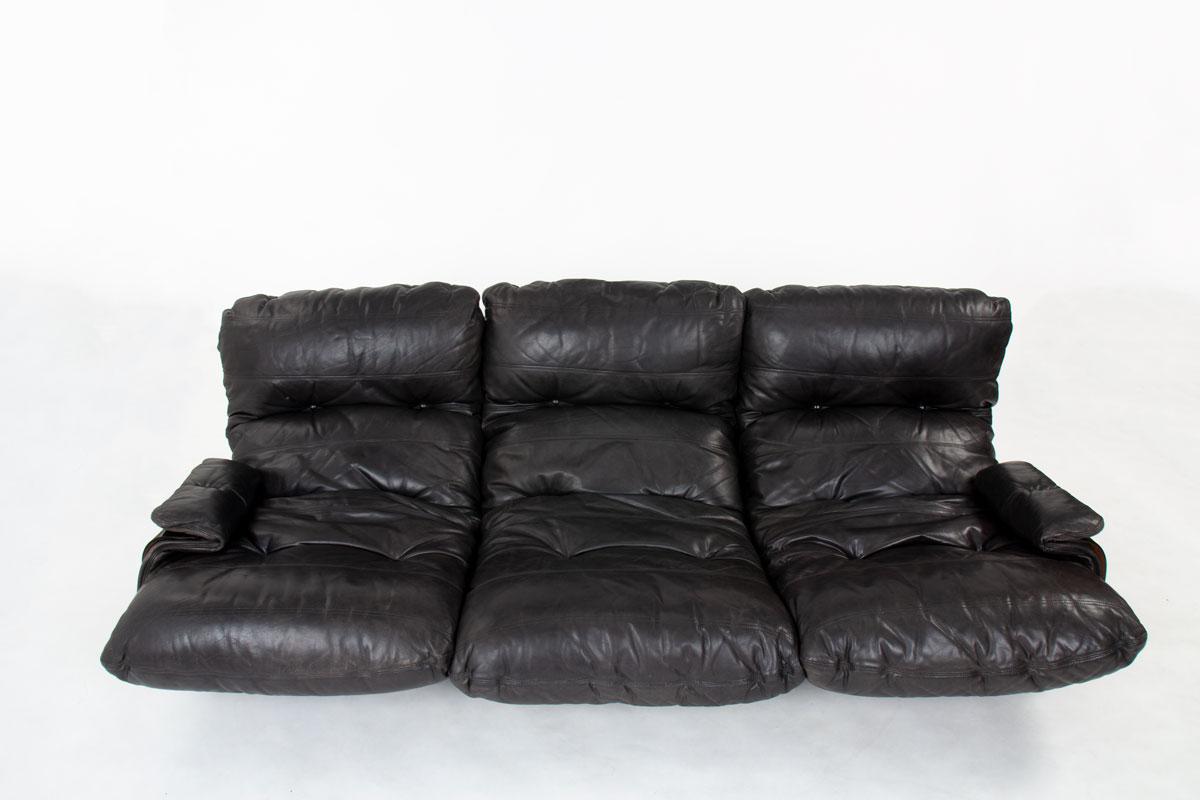 20th Century Marsala 3-seat sofa black leather by Michel Ducaroy for Ligne Roset 1970 For Sale