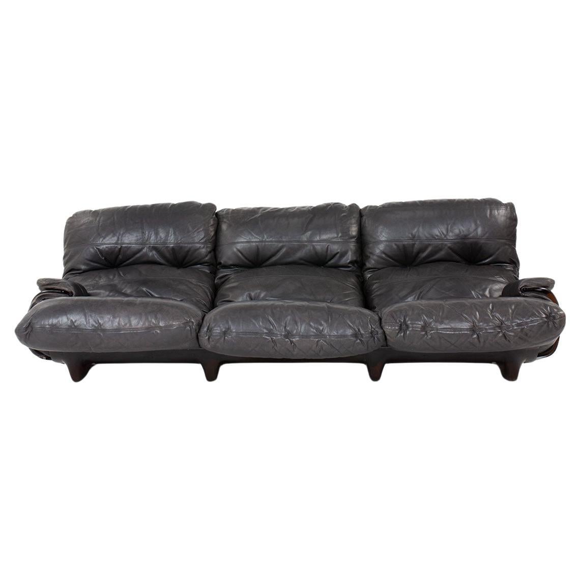 Marsala 3-seat sofa black leather by Michel Ducaroy for Ligne Roset 1970 For Sale