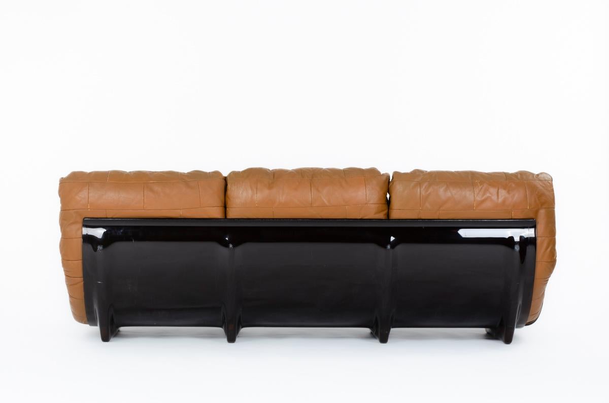 Marsala 3-seat sofa brown leather by Michel Ducaroy for Ligne Roset 1970 In Good Condition For Sale In JASSANS-RIOTTIER, FR