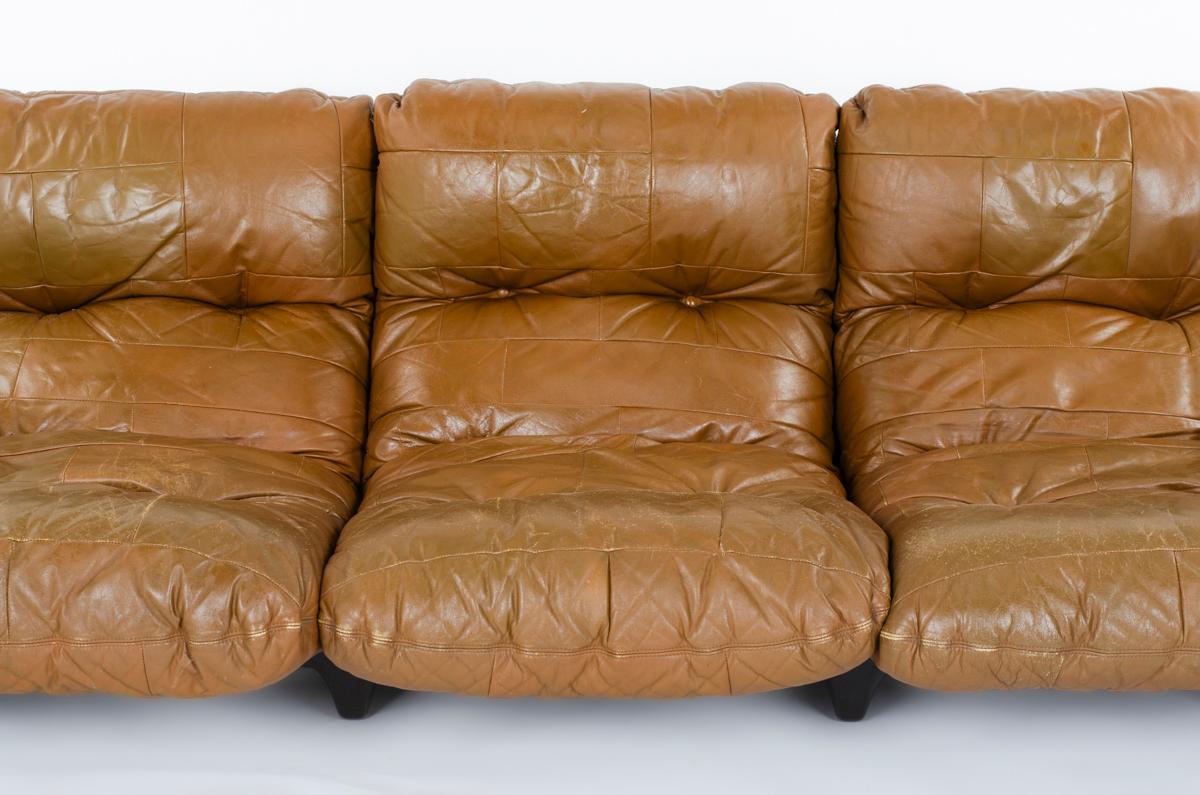 20th Century Marsala 3-seat sofa brown leather by Michel Ducaroy for Ligne Roset 1970 For Sale