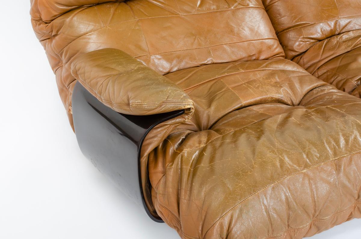 Leather Marsala 3-seat sofa brown leather by Michel Ducaroy for Ligne Roset 1970 For Sale