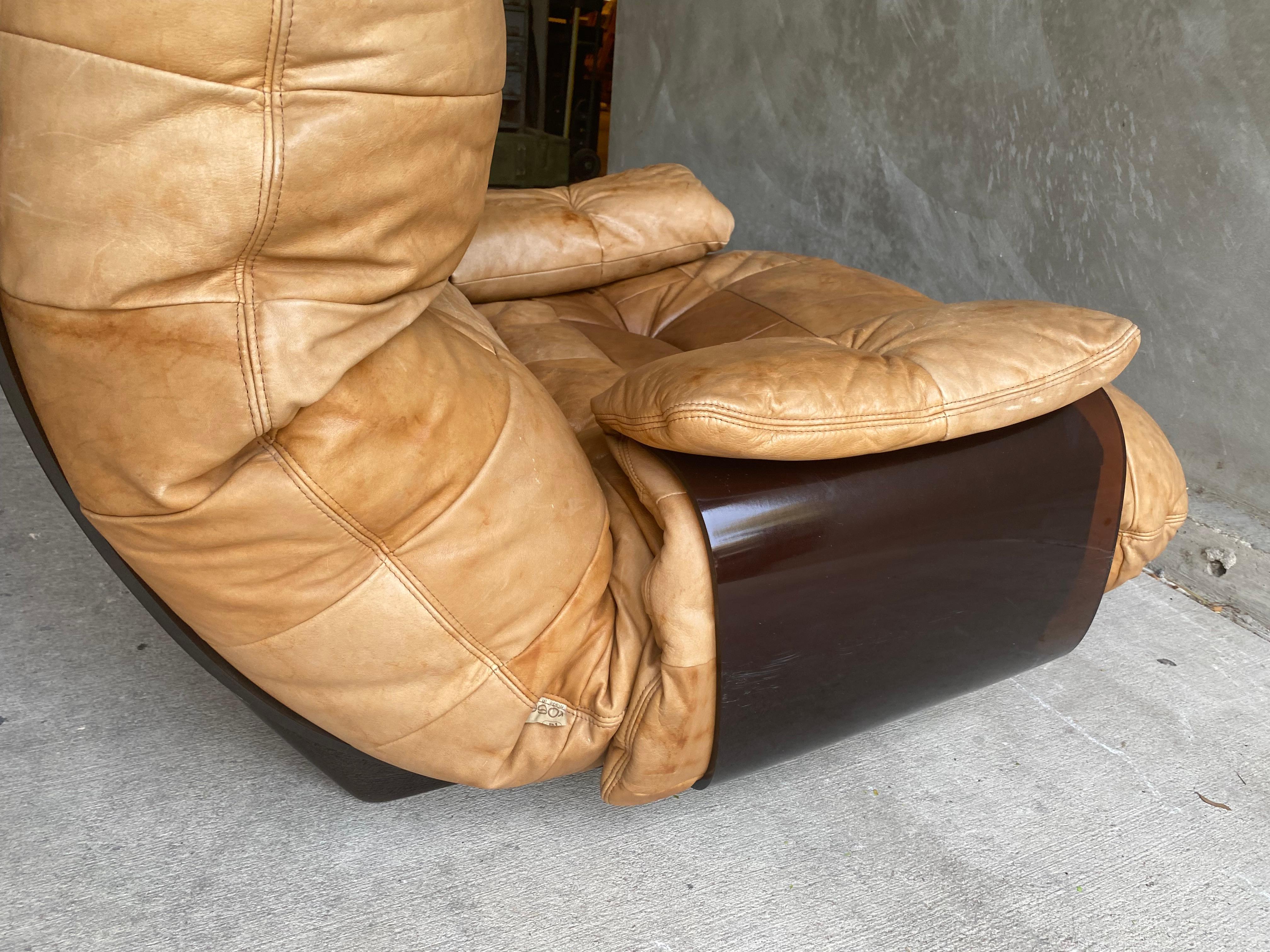 Marsala Leather Armchair & Ottoman, Ligne Roset, France, 1970's 4