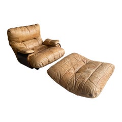 Marsala Leather Armchair & Ottoman, Ligne Roset, France, 1970's
