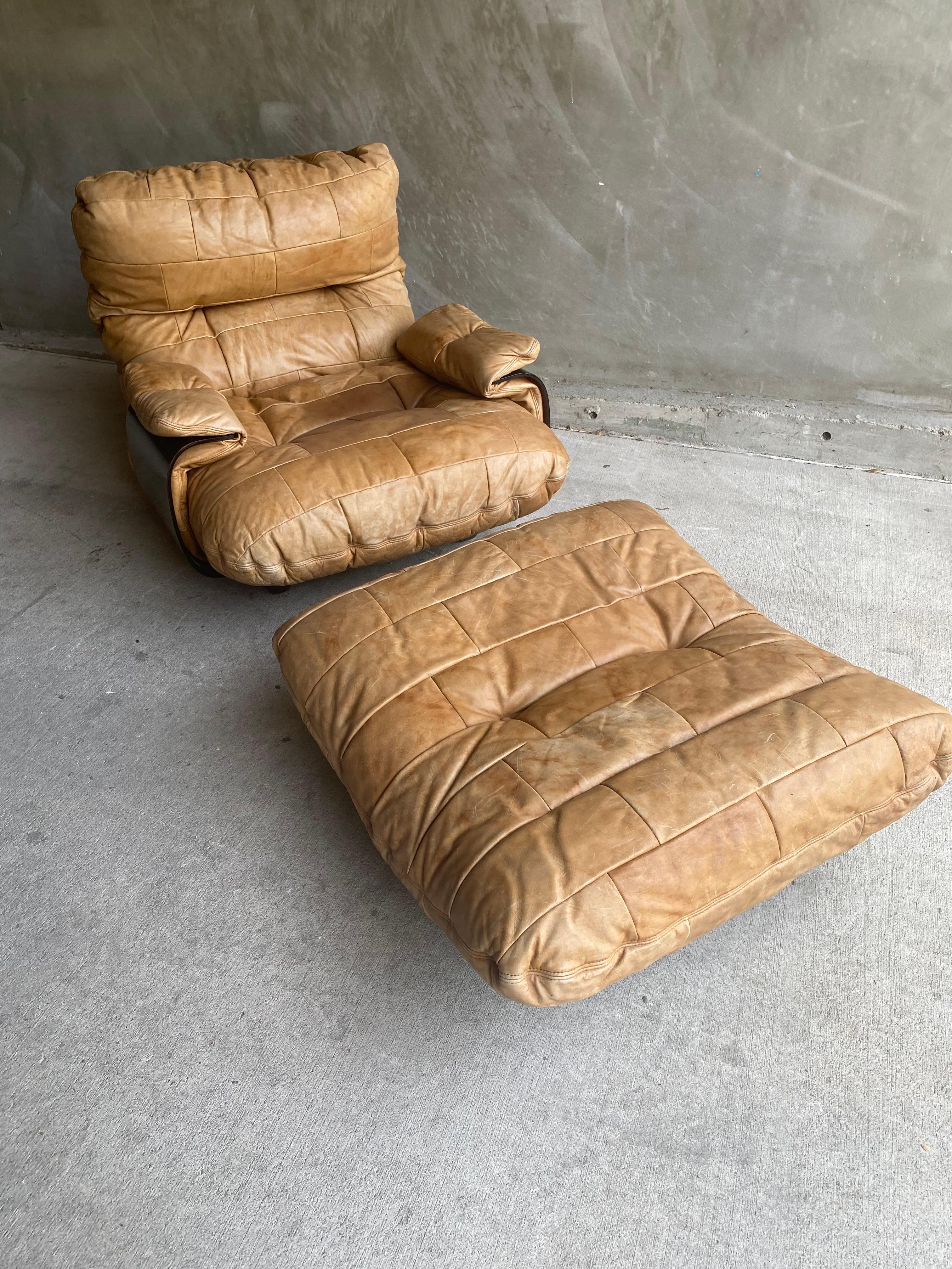 French Marsala Leather Armchair & Ottoman, Ligne Roset, France, 1970's