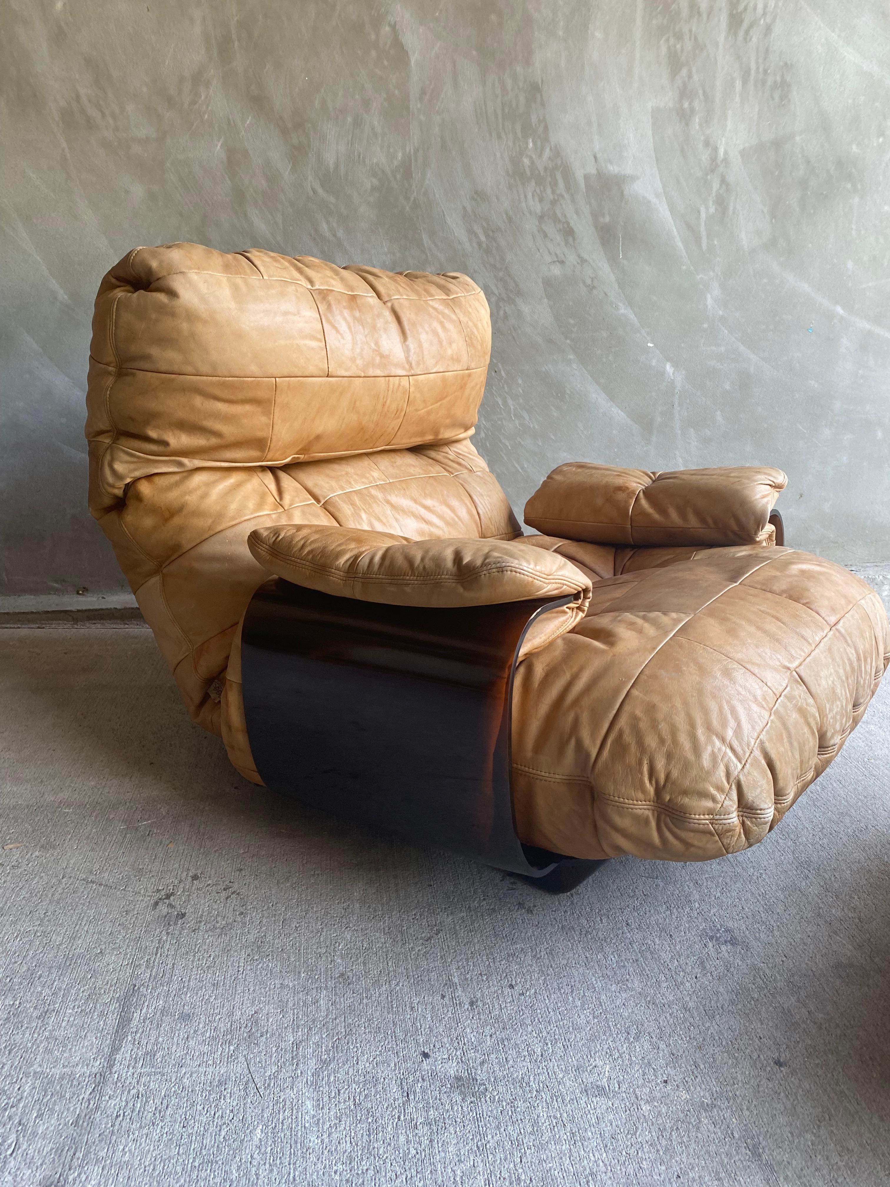 Marsala Leather Armchair & Ottoman, Ligne Roset, France, 1970's In Good Condition In Austin, TX