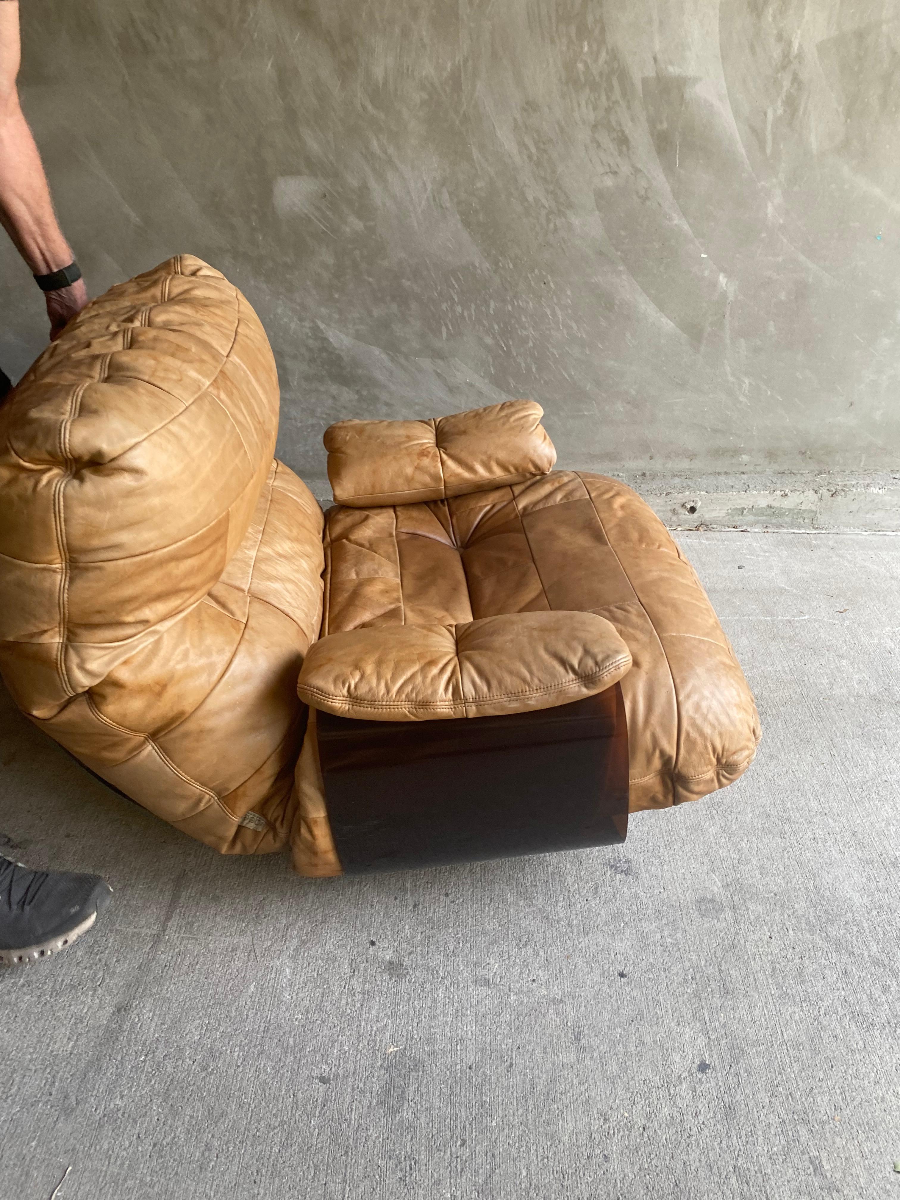 Marsala Leather Armchair & Ottoman, Ligne Roset, France, 1970's 1