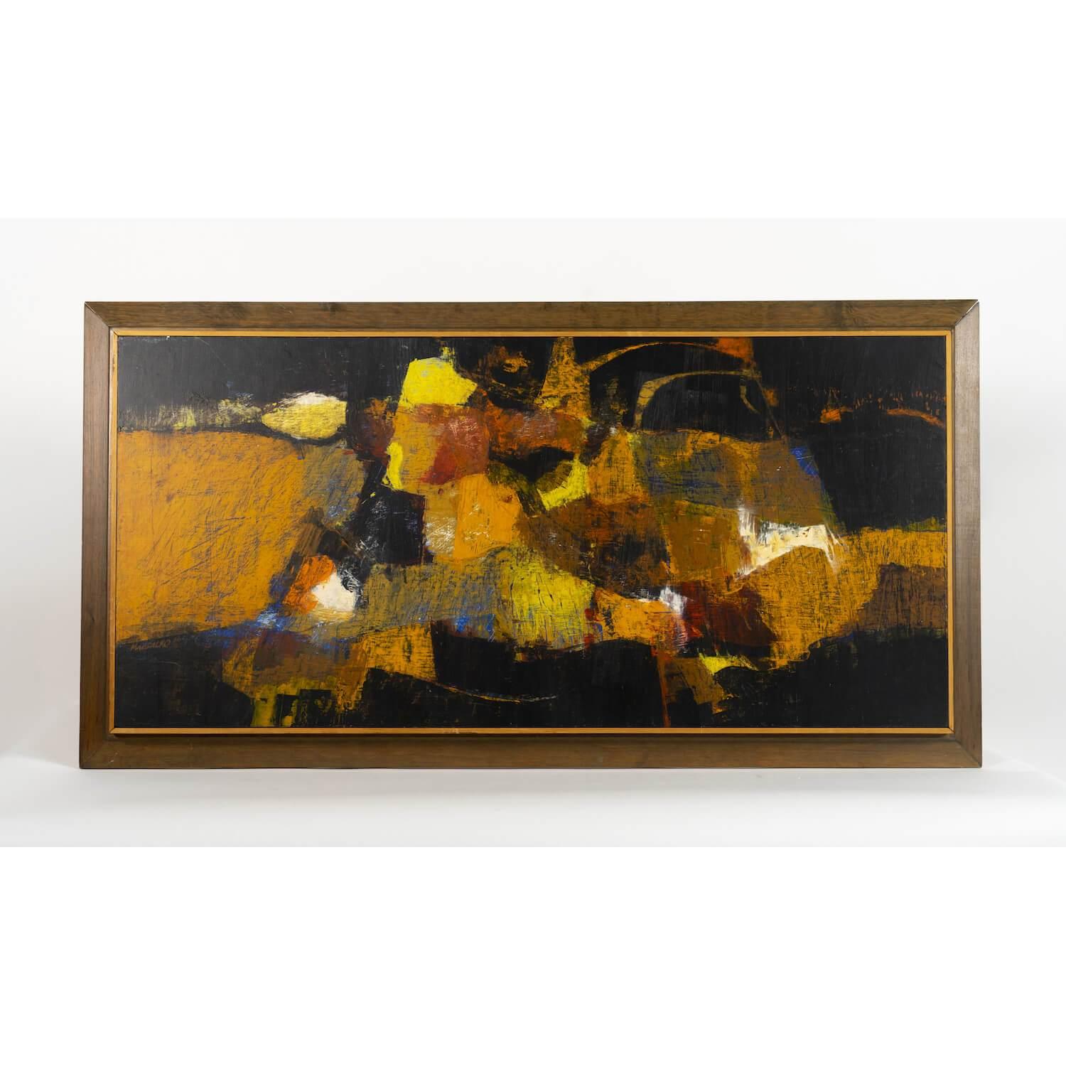 Marsalko abstract oil painting on wood features a palette of black, orange, yellow and blue. It is presented without glass and framed in a wooden molding, typical of the period. It is signed 