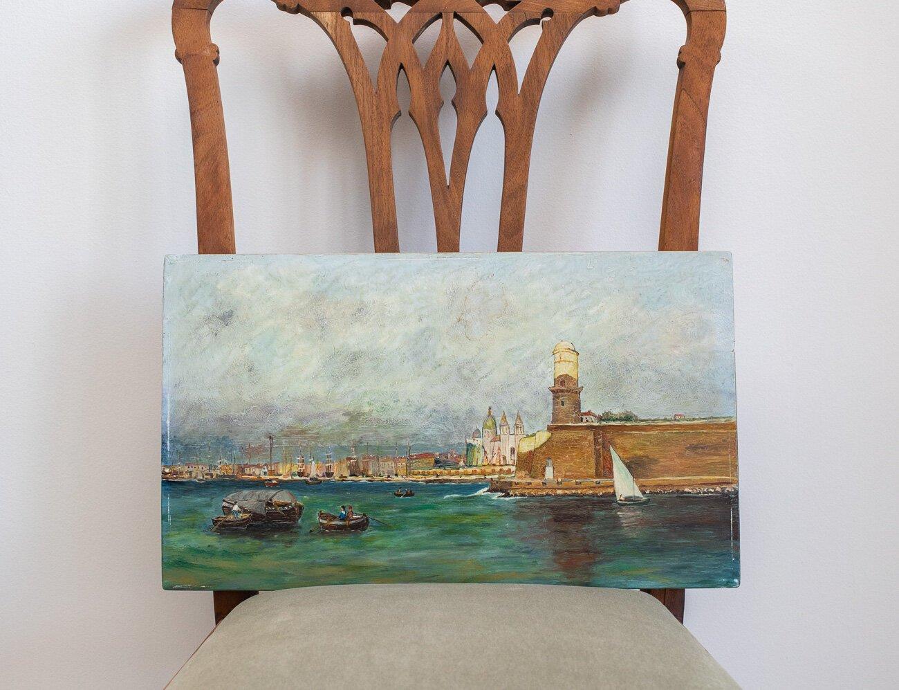 This one of a kind original artwork is a lovely oil painting of a seaport in Marseille, France in the 1800s. It is painted on a piece of wood and has no frame. The texture is very unique and beautiful.