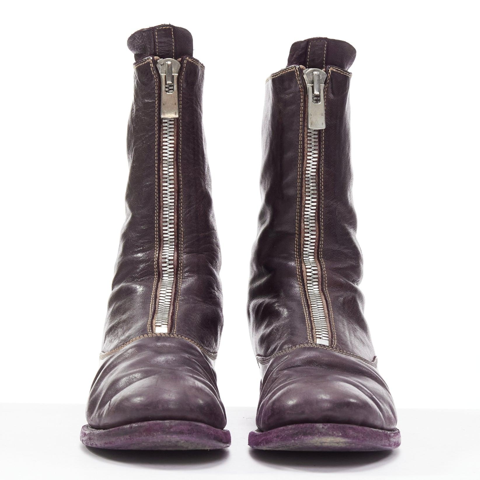 Black MARSELL dark purple tumbled leather silver front zip ankle boots EU37 For Sale
