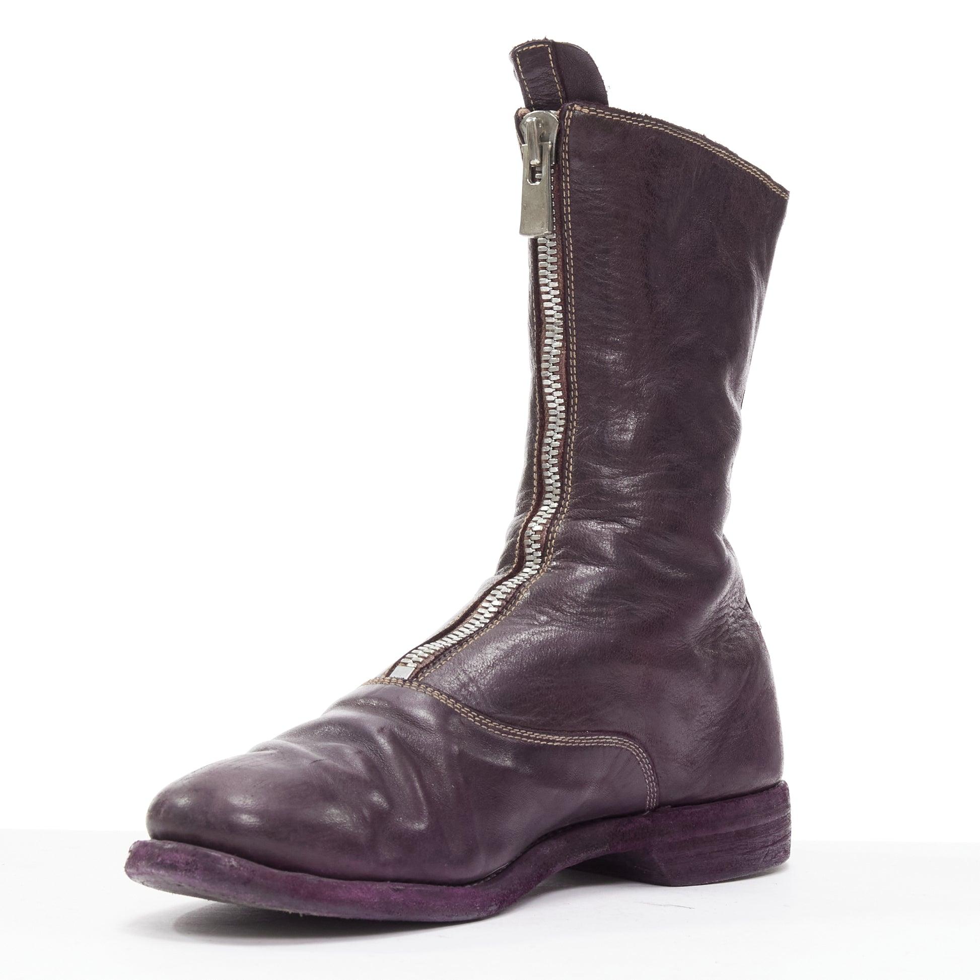 MARSELL dark purple tumbled leather silver front zip ankle boots EU37 In Good Condition For Sale In Hong Kong, NT