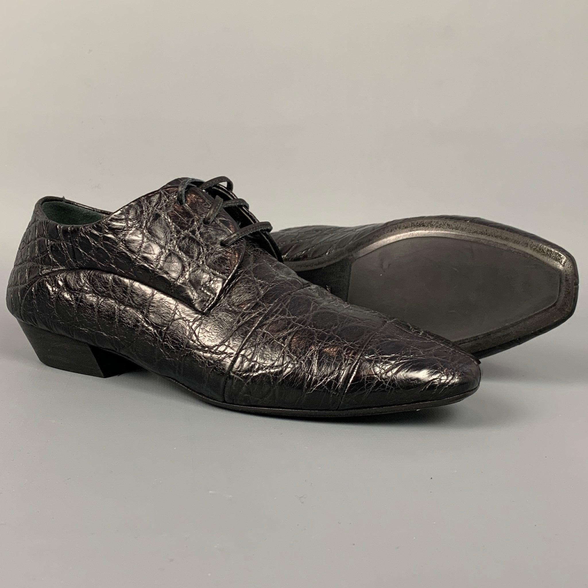 MARSELL Size 7 Black Embossed Leather Flat Laces In Good Condition For Sale In San Francisco, CA