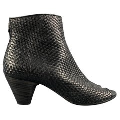 MARSELL Size 7.5 Black Woven Textured Leather Peep Toe Ankle Boots