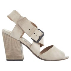 MARSELL taupe leather open toe cross strap buckle chunky wooden heel sandal EU39