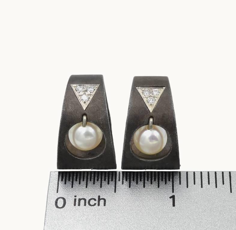 Marsh Blackened Stainless Steel Earrings with Pearls and Diamonds, circa 1930 For Sale 1