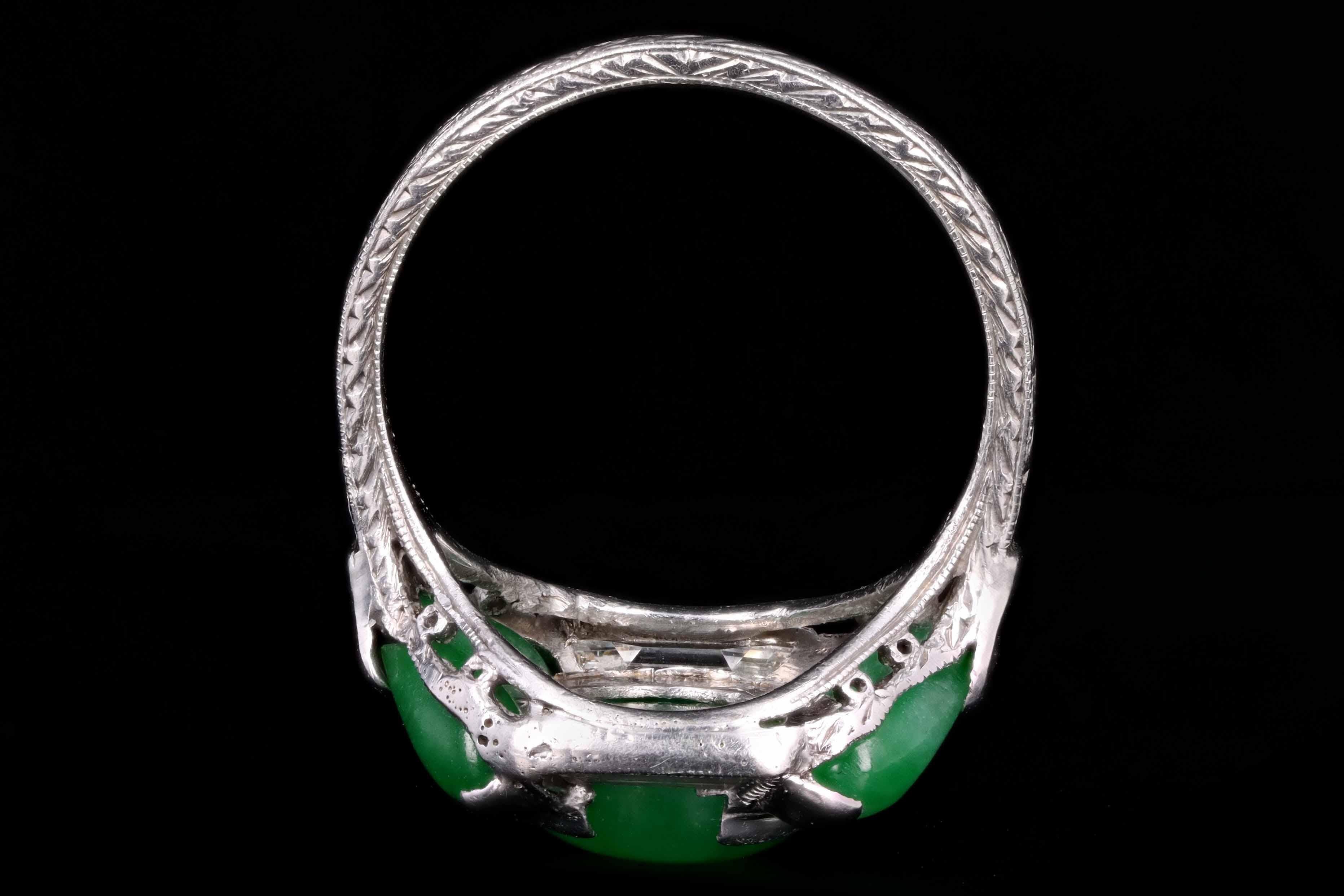 Marsh & Co. Art Deco Platinum Jadeite and Diamond Ring In Good Condition In Cape May, NJ