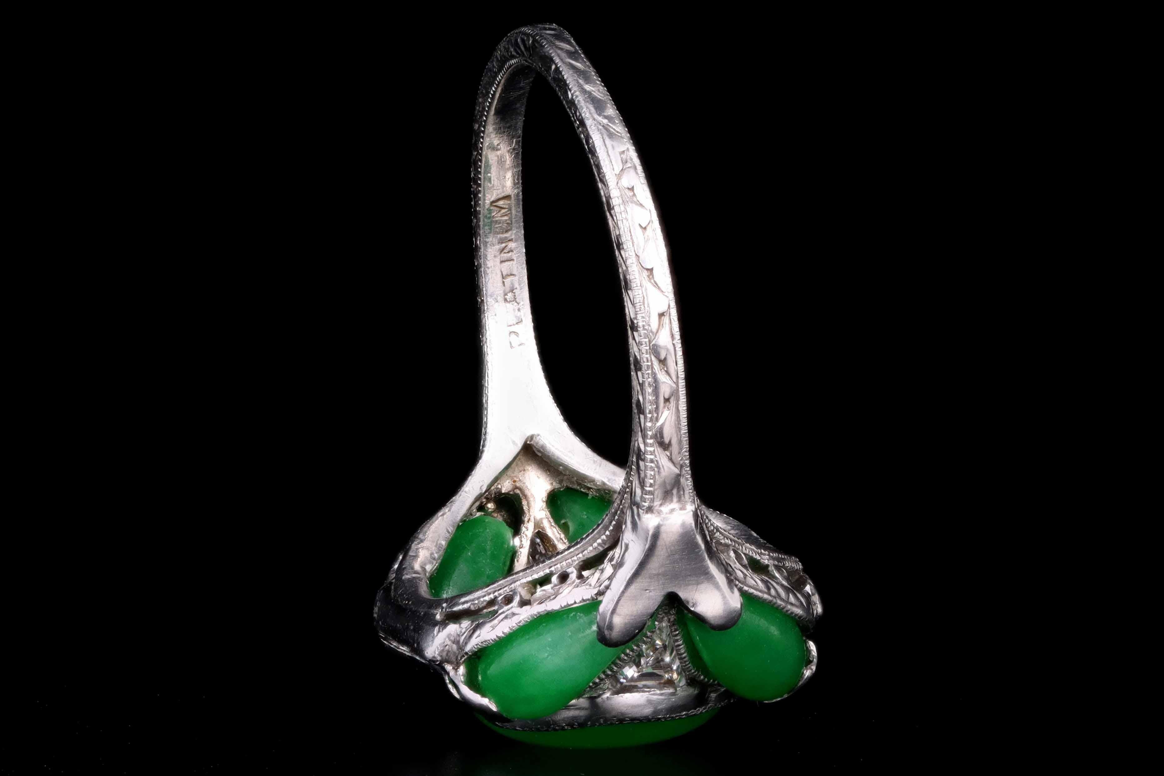 Women's or Men's Marsh & Co. Art Deco Platinum Jadeite and Diamond Ring For Sale