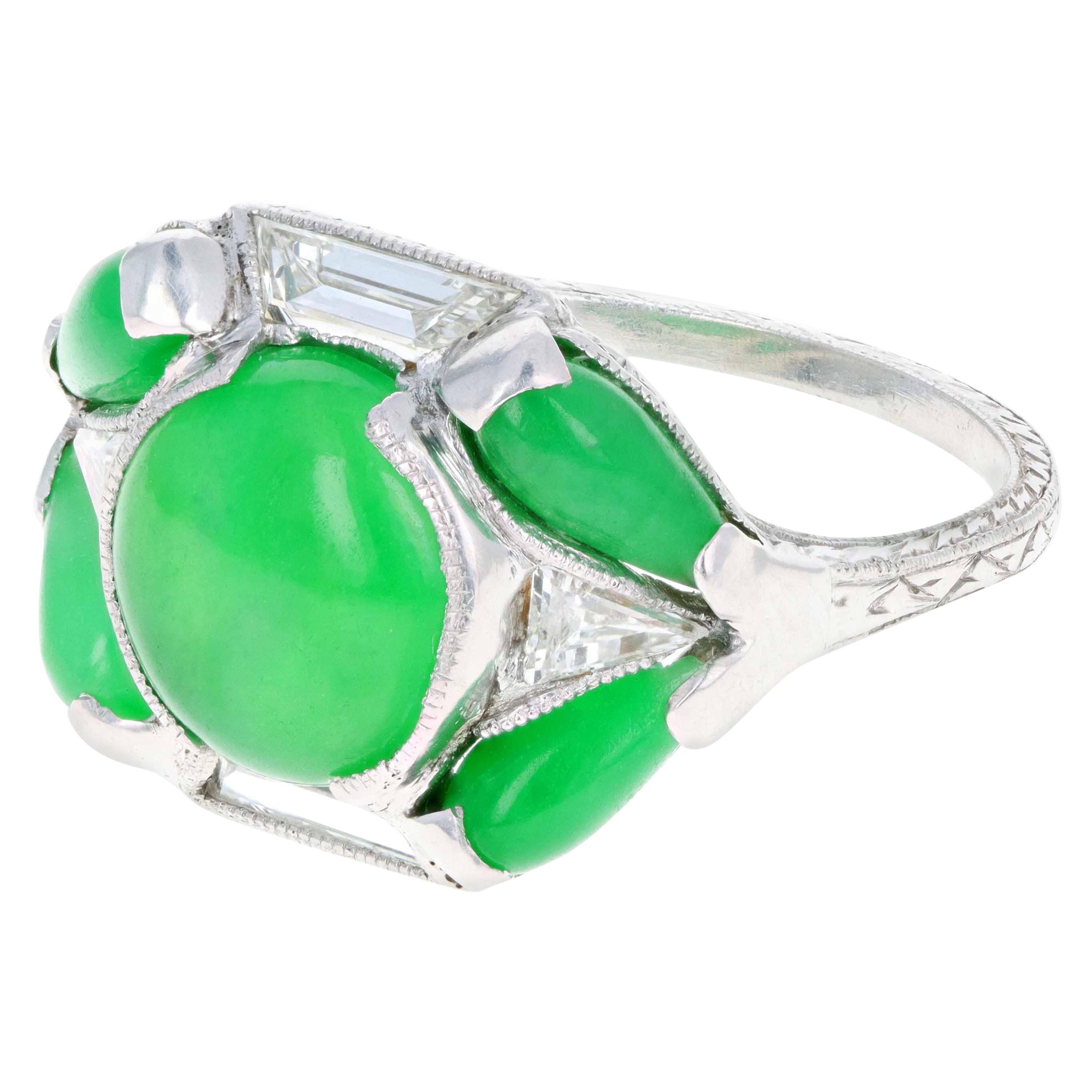 Marsh & Co. Art Deco Platinum Jadeite and Diamond Ring For Sale