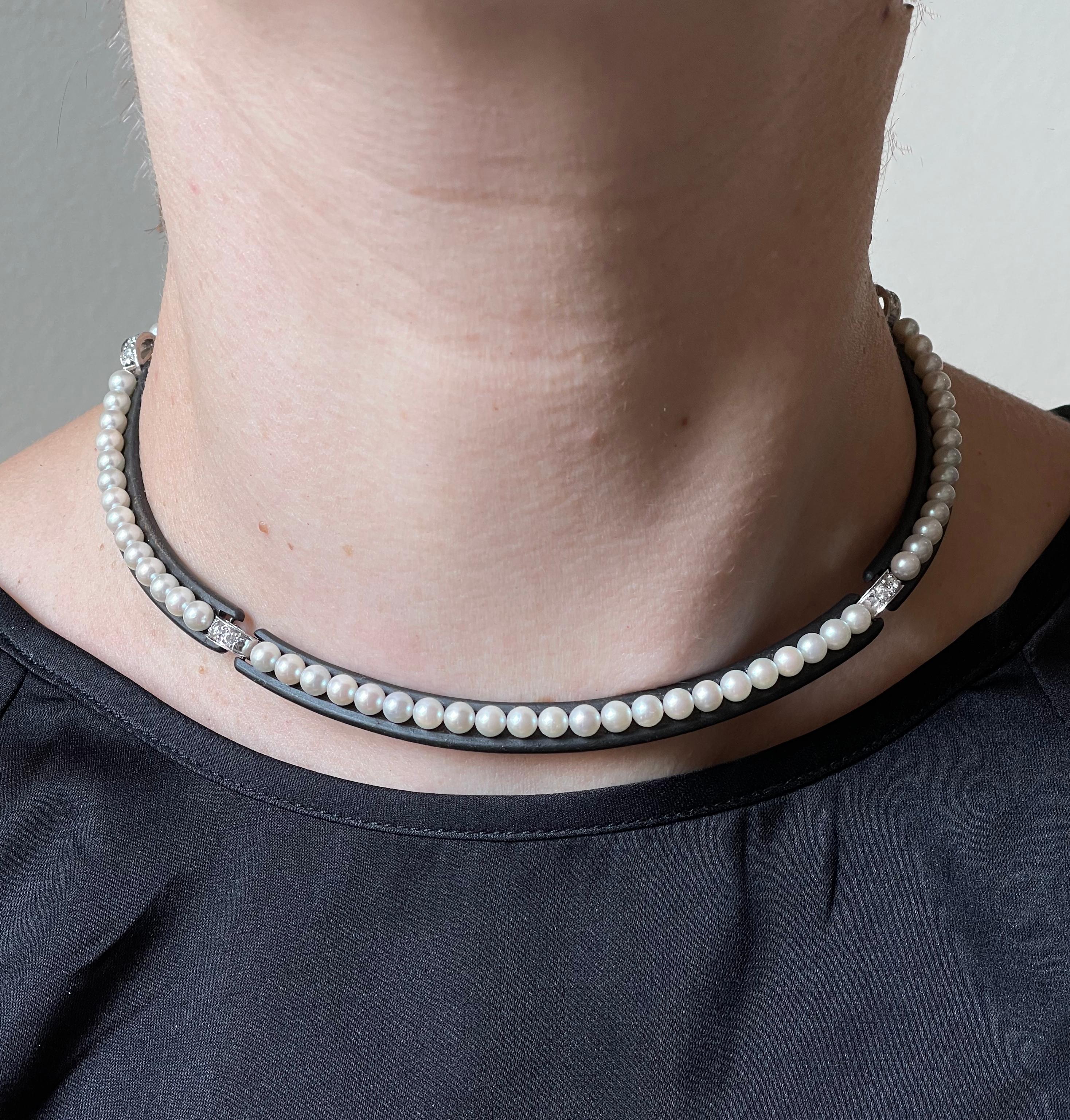 Iconic Art Deco Marsh & Co necklace, set in signature blackened steel, with gold accent links, adorned with 4.5mm pearls and approx. 0.80ctw in G/VS diamonds. The necklace is 16