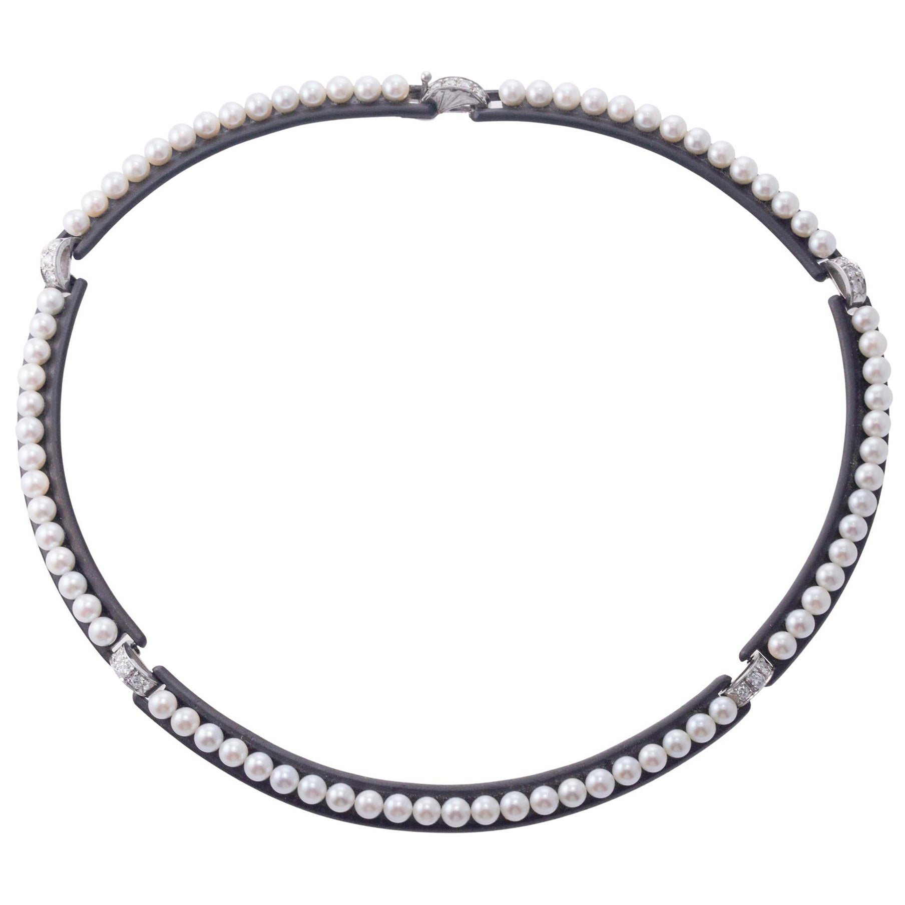 Marsh & Co Art Deco Halskette aus Stahl mit Goldperlen und Diamanten