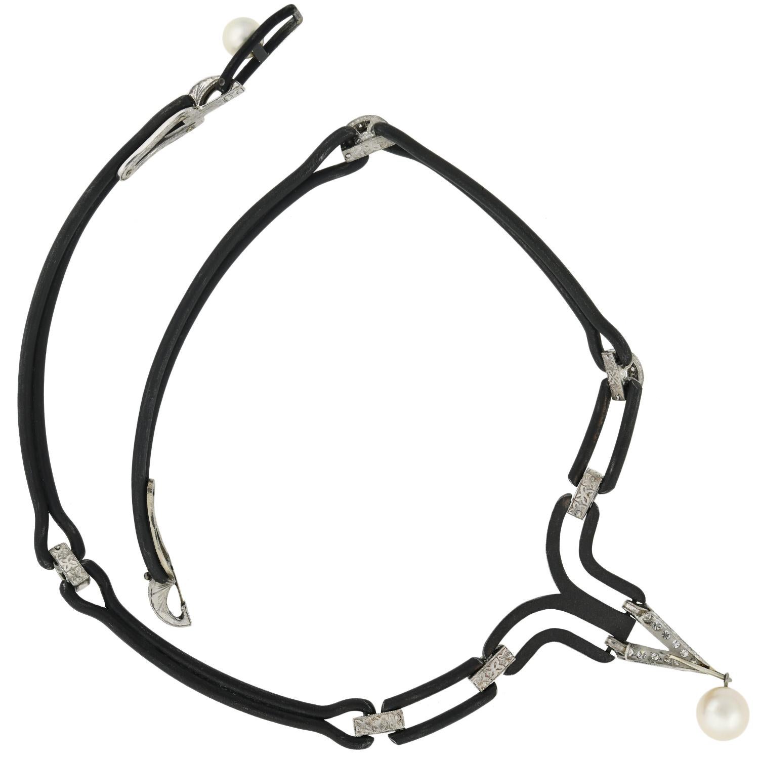 Modern Marsh & Co. Pearl and Diamond Blackened Steel Collar Necklace