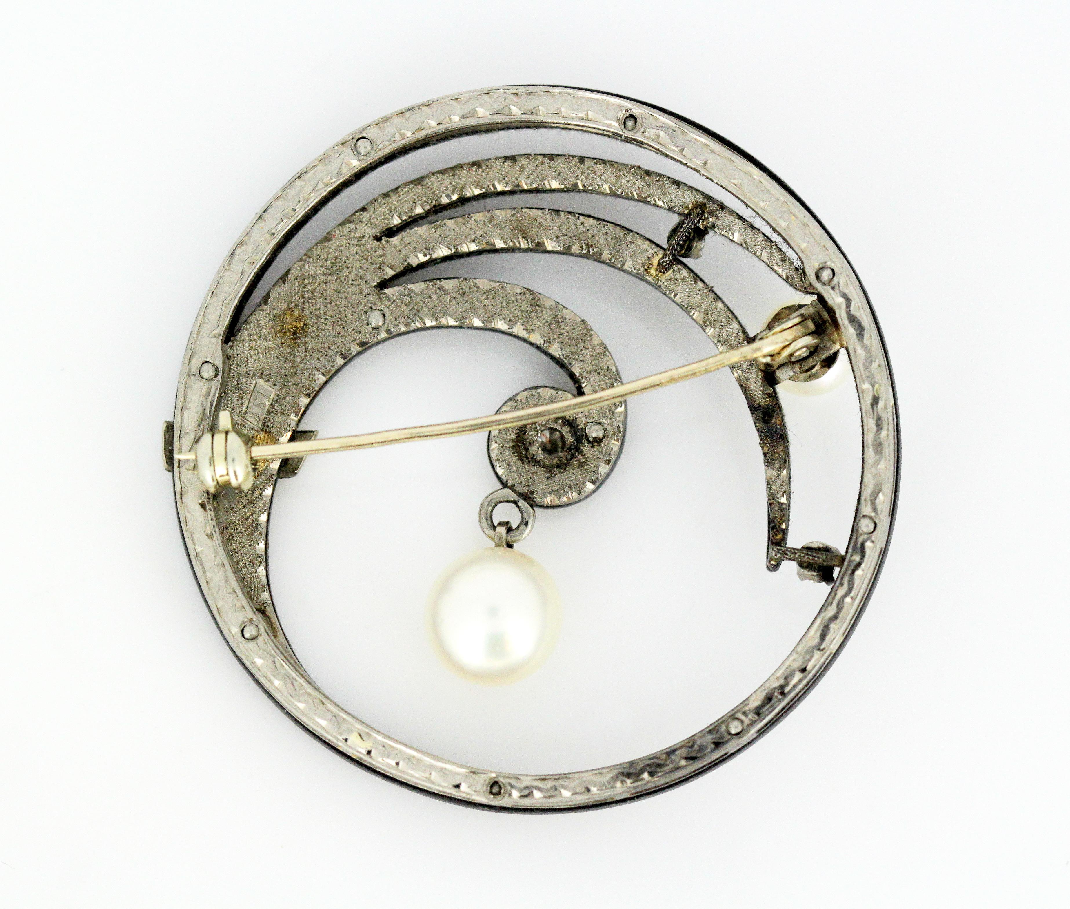 Marsh & Co. Steel, Diamond, Cultured Pearl and White Gold Brooch, circa 1930s 2