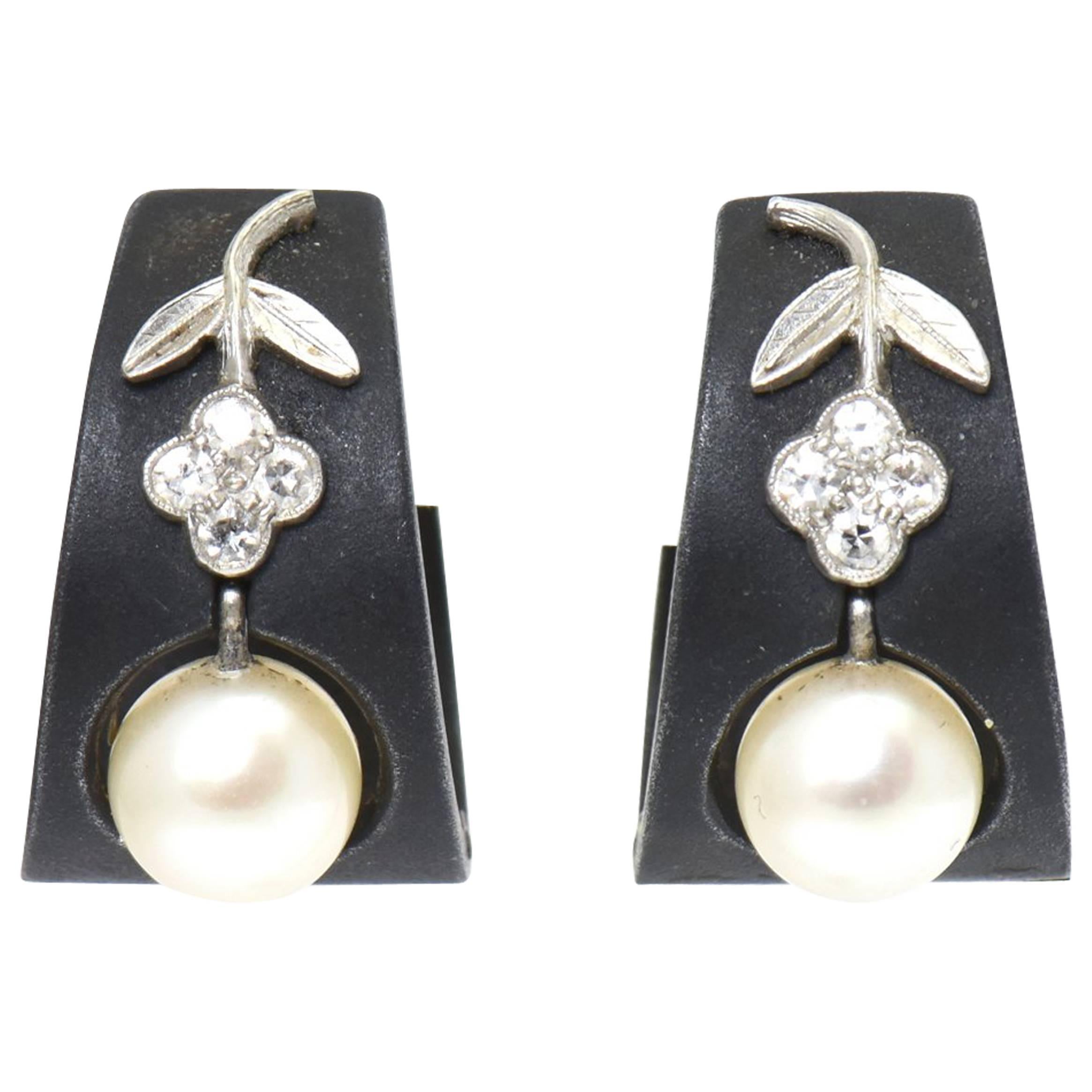 Marsh & Co. Steel, Diamond, Cultured Pearl and White Gold Earrings, circa 1930s