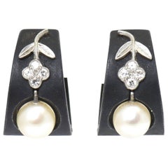 Retro Marsh & Co. Steel, Diamond, Cultured Pearl and White Gold Earrings, circa 1930s