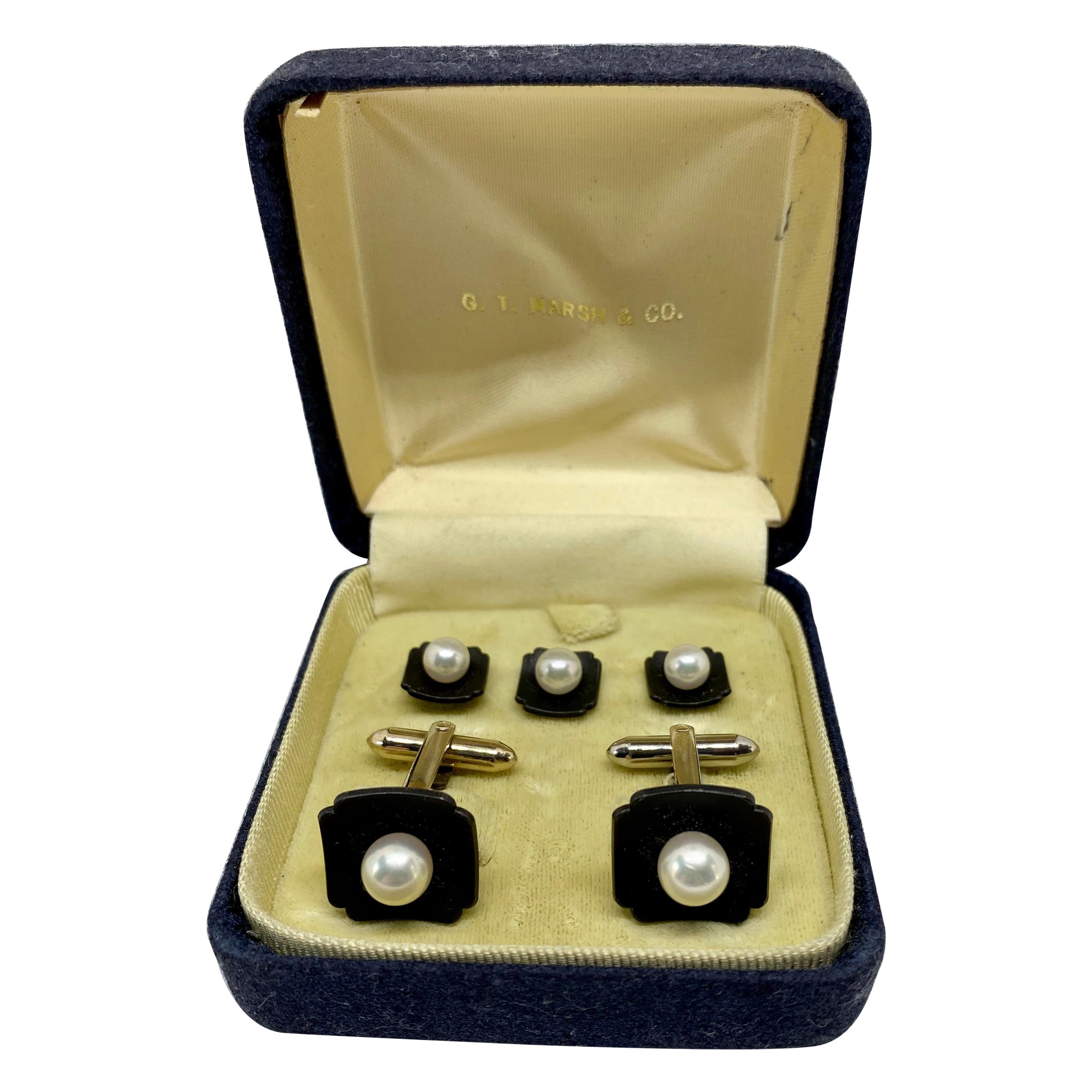 Marsh & Company - Ensemble de boutons de manchette en or, acier oxydé et perles de culture en vente
