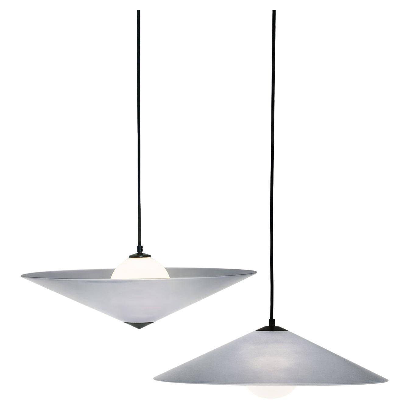 MARSHA 01/02 Pendant Duo Light in Cloud Grey Glass & Black Powder-Coated Finish For Sale