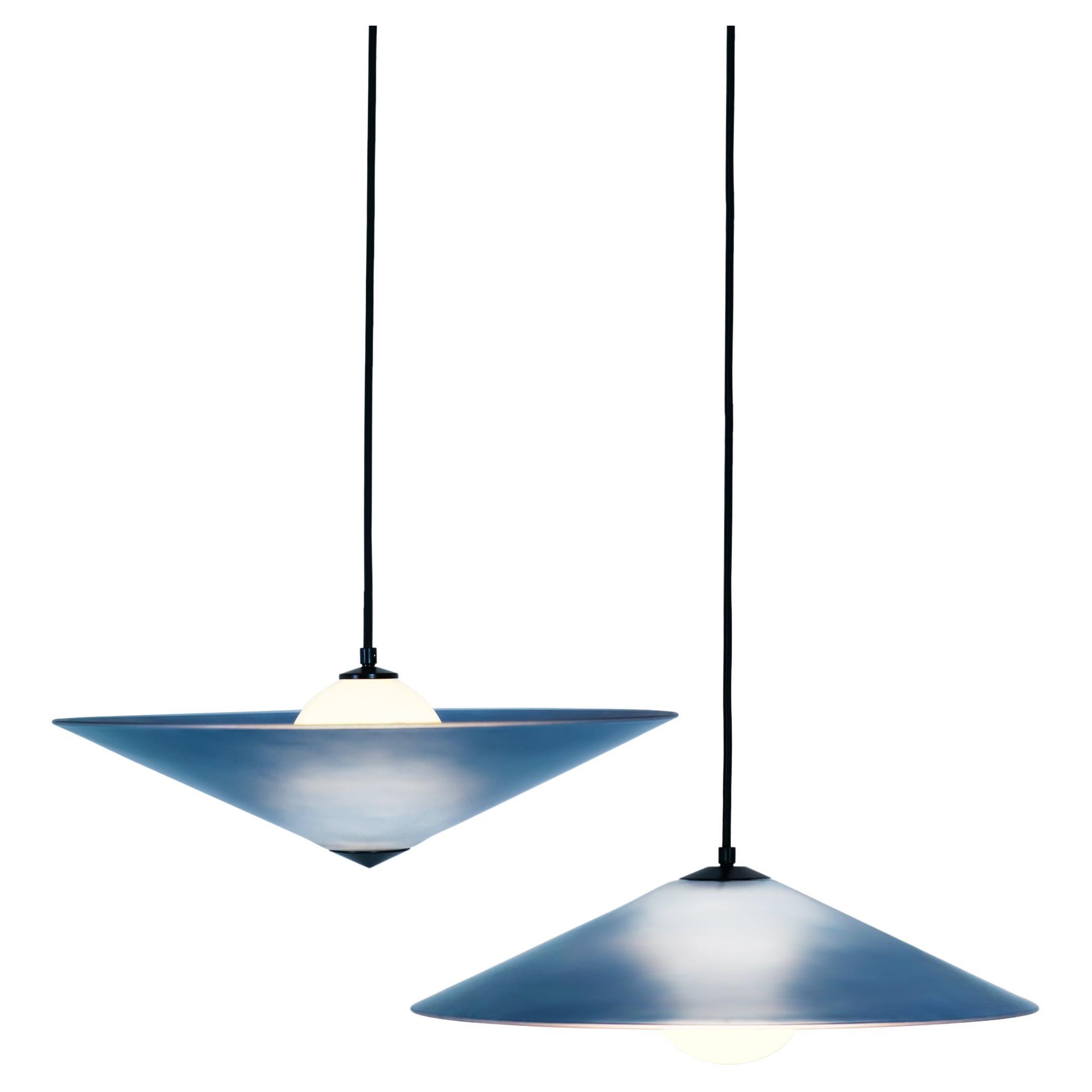 MARSHA 01/02 Pendant Duo Light in Regal Blue Glass & Black Powder-Coated Finish For Sale
