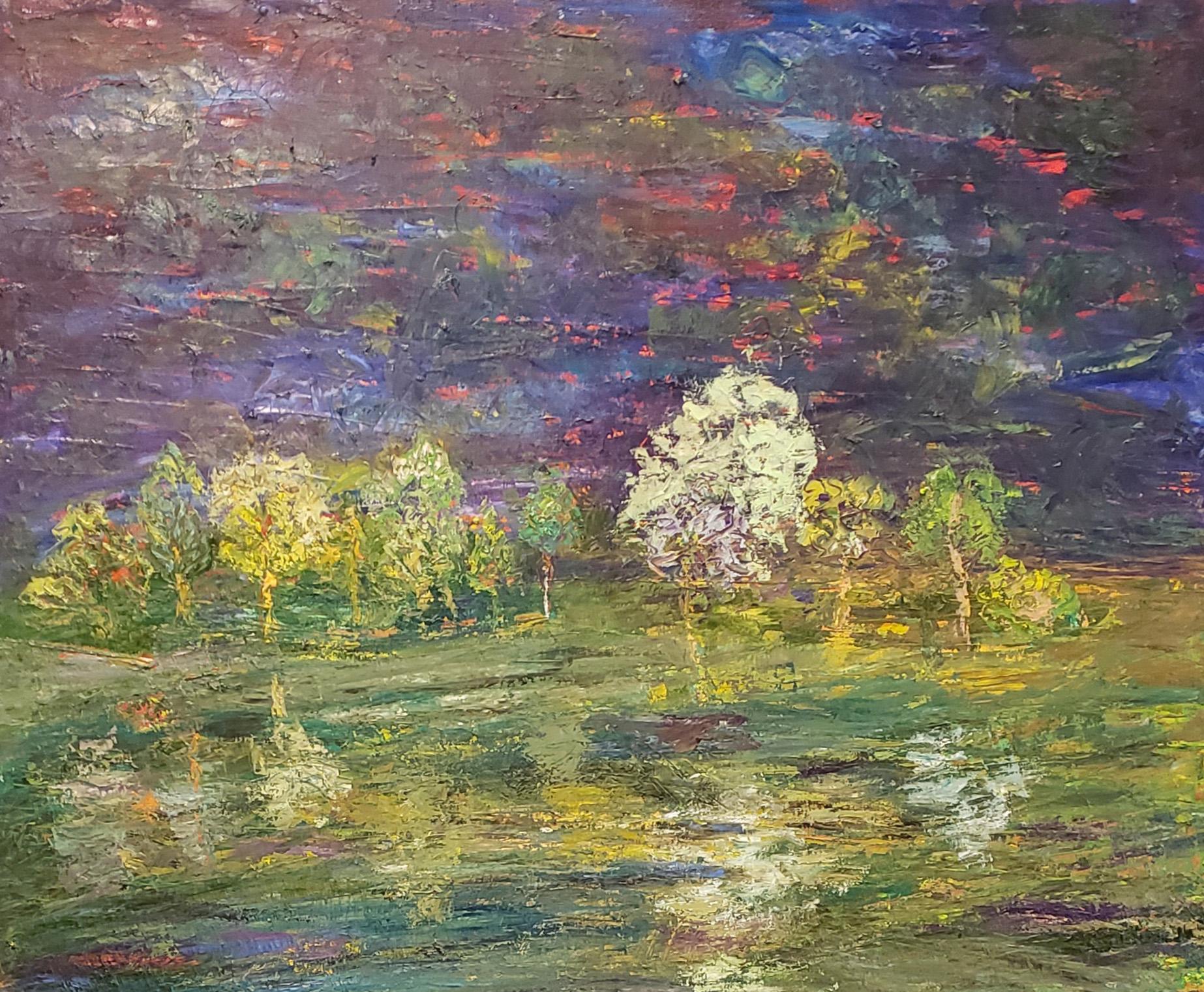 Nachtteich, zeitgenössisches strukturiertes impressionistisches Landschaftsgemälde – Painting von Marsha Heller