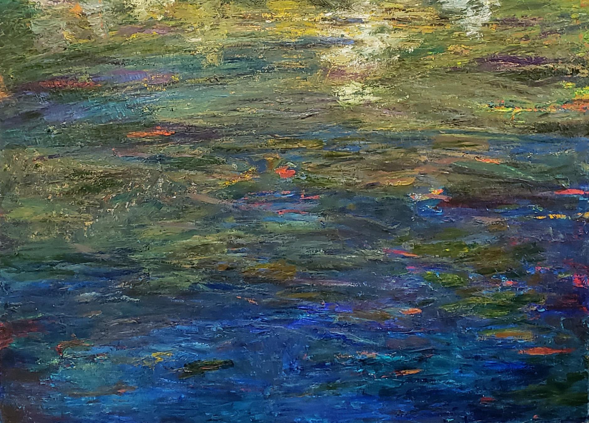Nachtteich, zeitgenössisches strukturiertes impressionistisches Landschaftsgemälde (Abstrakter Impressionismus), Painting, von Marsha Heller