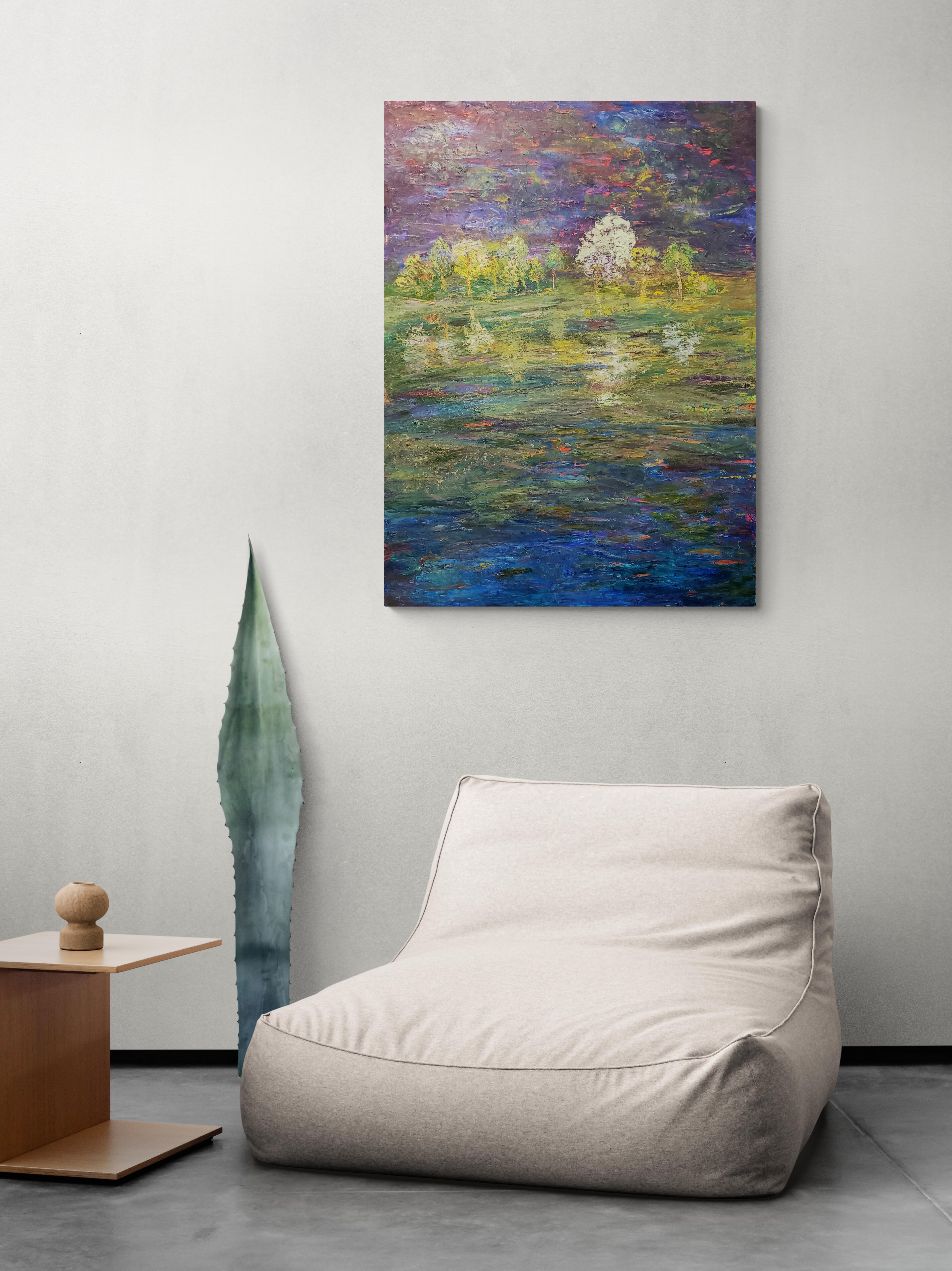 Aquarelle de la nuit, peinture de paysage impressionniste contemporaine texturée originale - Gris Landscape Painting par Marsha Heller