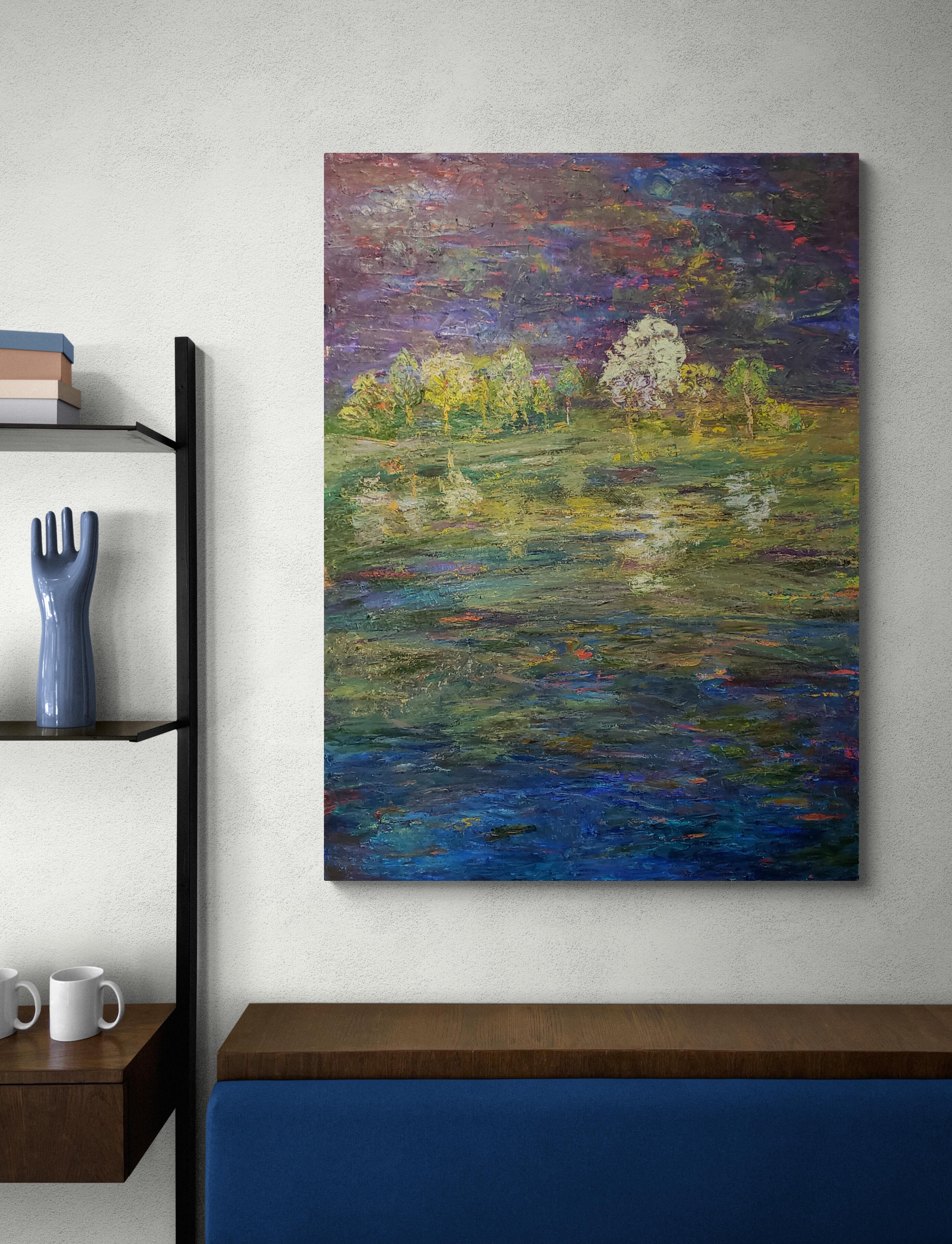 Estanque Nocturno, Pintura Paisaje Impresionista Textura Contemporánea Original en venta 1