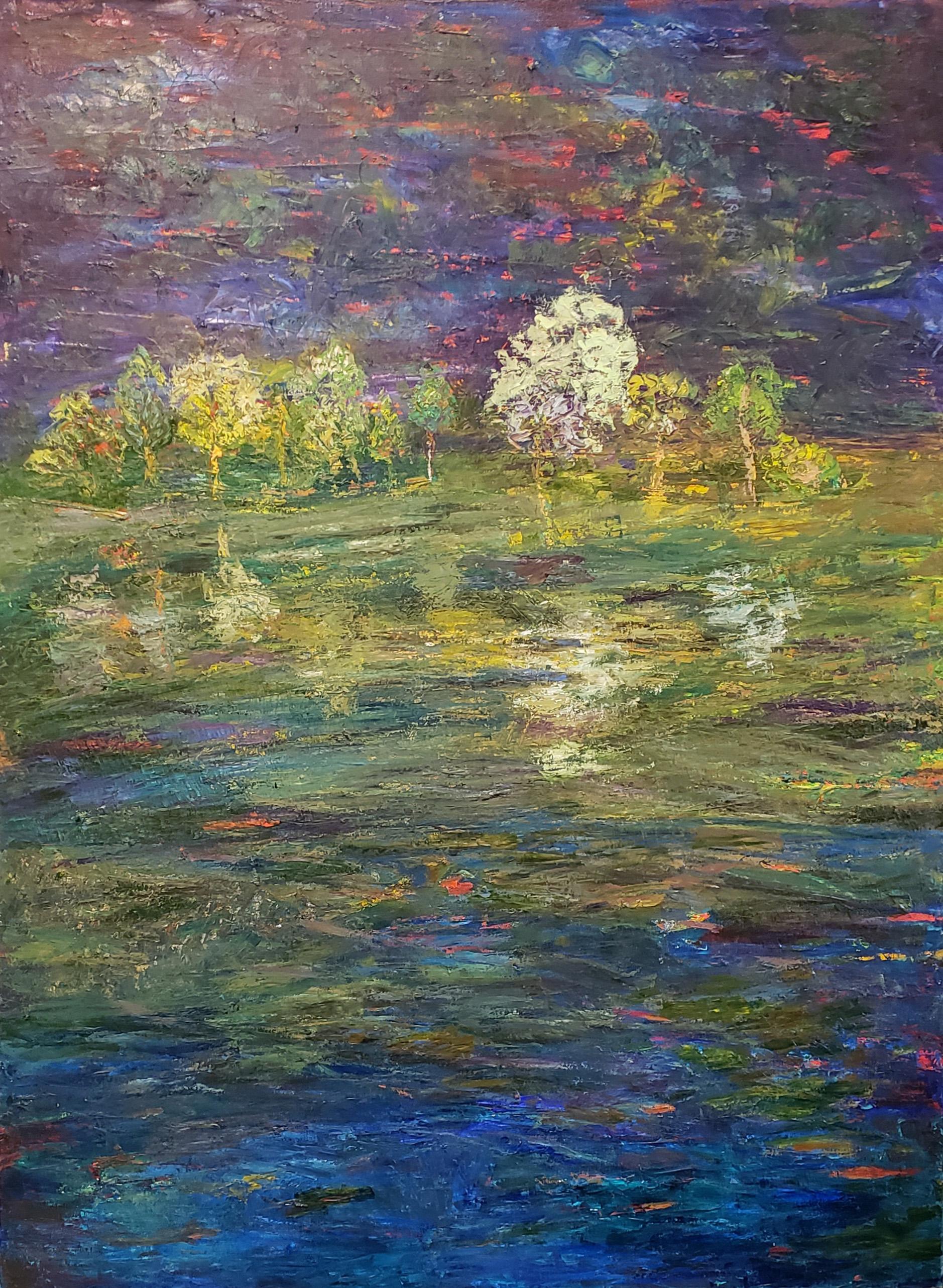 Landscape Painting de Marsha Heller - Estanque Nocturno, Pintura Paisaje Impresionista Textura Contemporánea Original