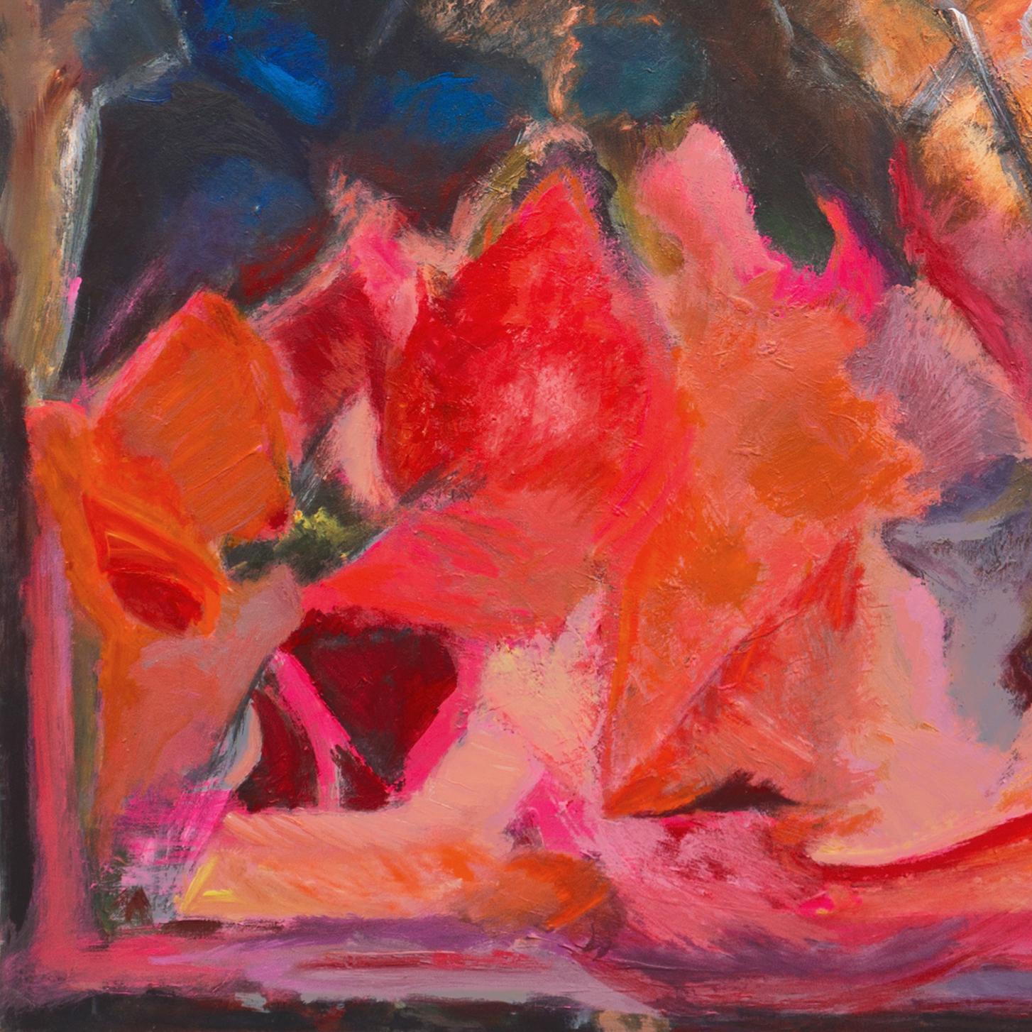 Signed twice, verso, on stretcher 'Marsha Straus' for Marsha Rogow Strauss (American, 1944-2008) and painted circa 1995.

A substantial and vibrant oil abstract comprising massed, overlapping and adjacent forms in shades of coral, lilac and
