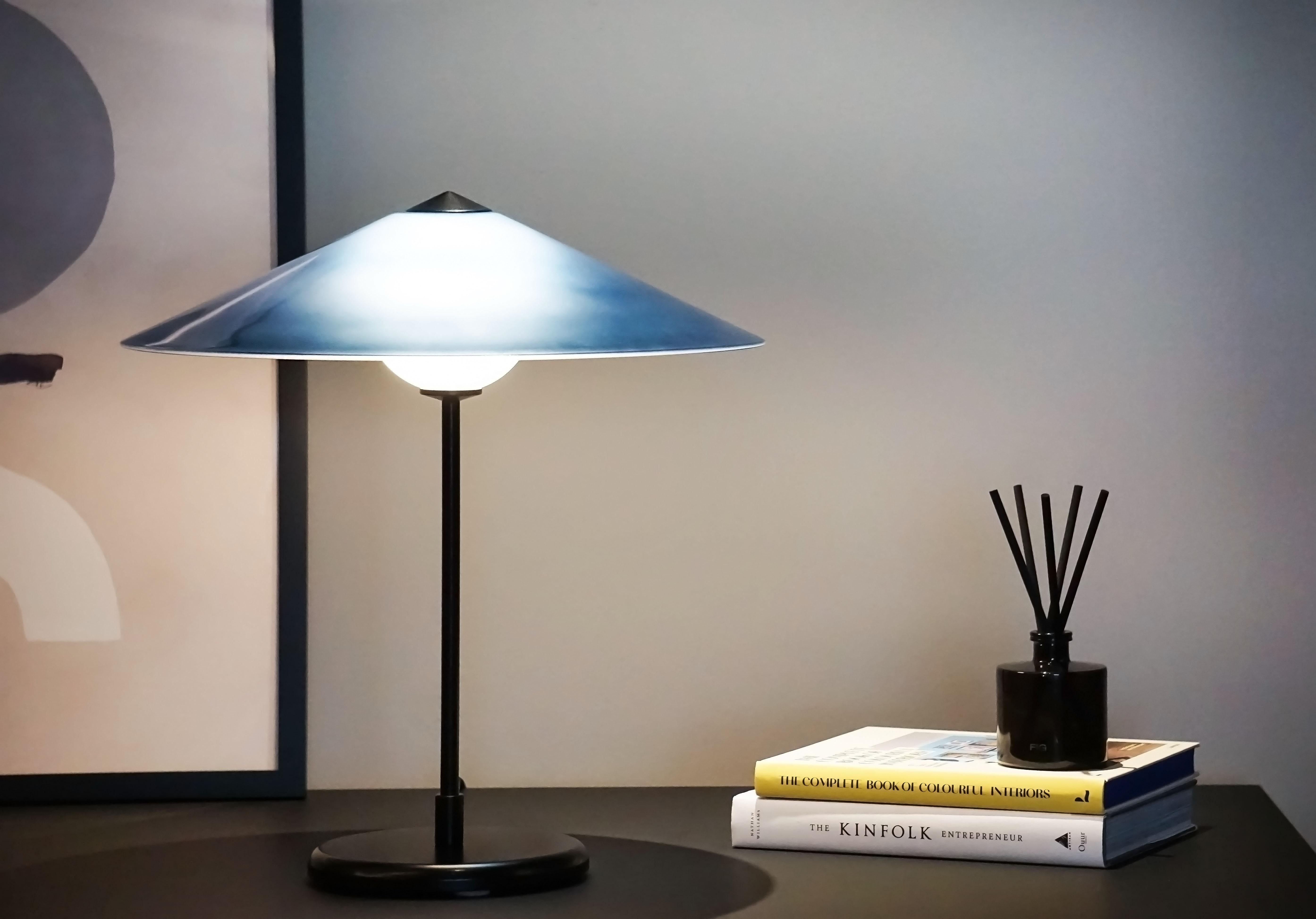 Mid-Century Modern MARSHA Table Lamp in Regal Blue Glass & Black Powder Coated Metal Finish For Sale