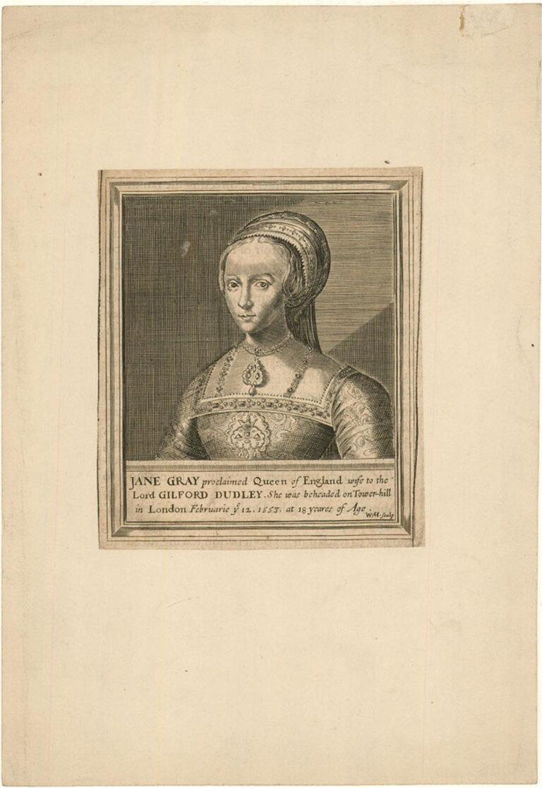 A portrait of Lady Jane Grey (1537-1554), the ill-fated English Queen who reigned from 10 July 1553 - 19 July 1553, by William Marshall (fl.1617-1649) after the Dutch engravers Magdalena van de Passe (1600-1638) and her brother Willem van de Passe