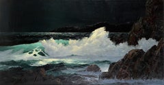 "Autumn Moon", Mid Century Monterey Coast Horizontal Nocturnal Seascape