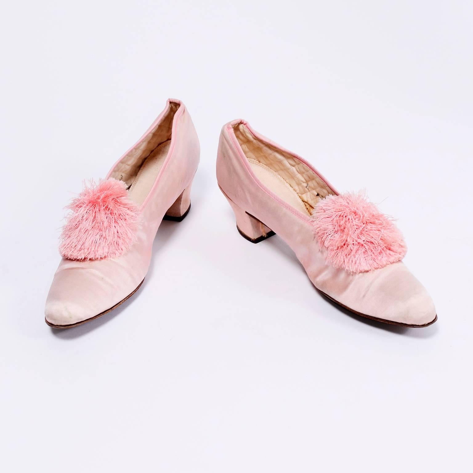 Marshall Field Edwardian Pink Satin Vintage Shoes With Pom Poms 7 3