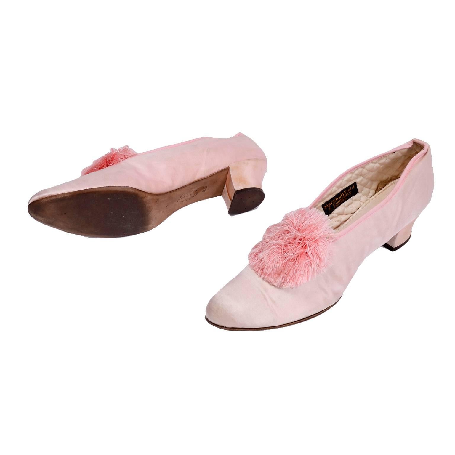 Marshall Field Edwardian Pink Satin Vintage Shoes With Pom Poms 7 In Good Condition In Portland, OR