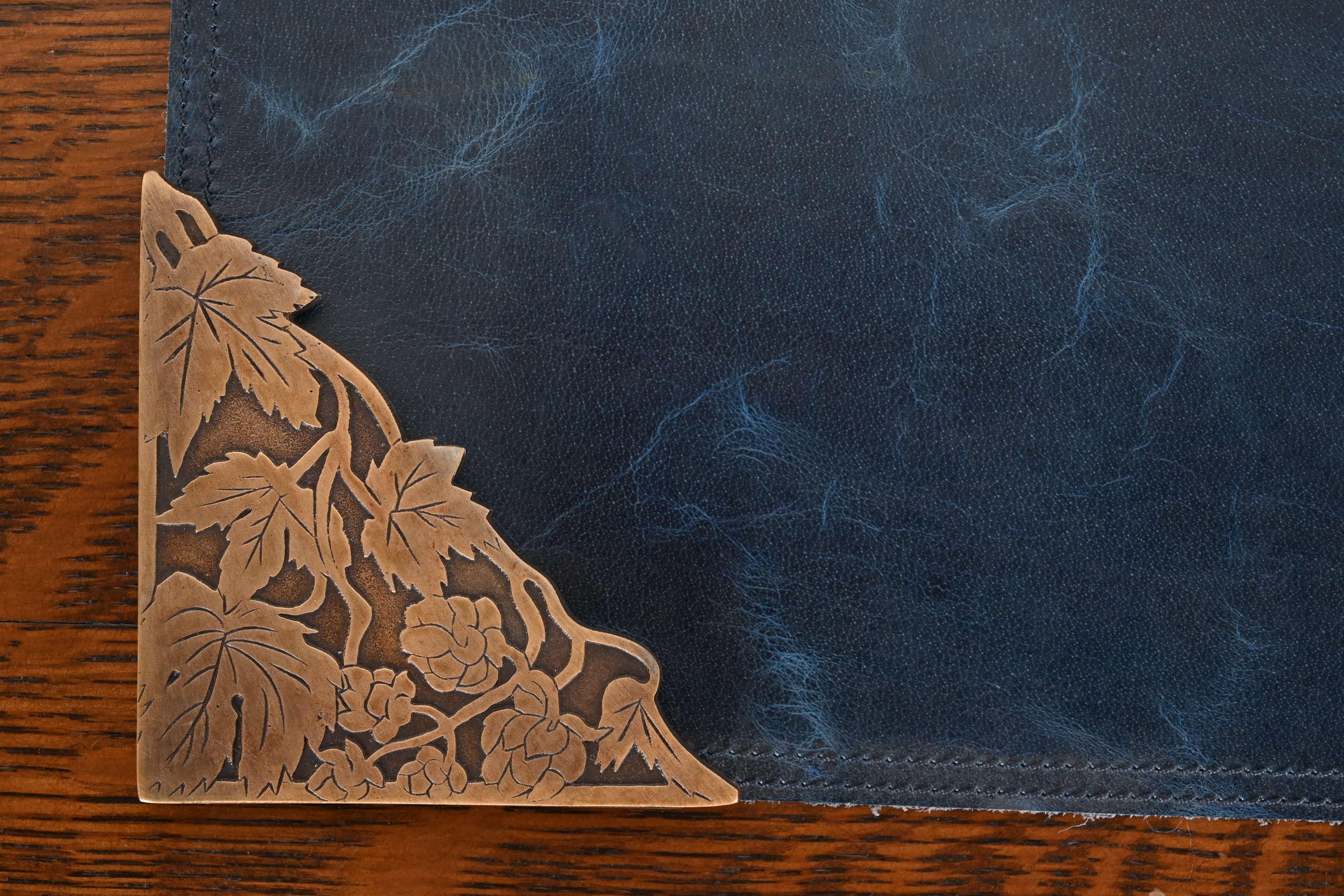 20th Century Marshall Field & Co. Antique Floral Ivy Bronze Blotter Corners With Leather Pad For Sale