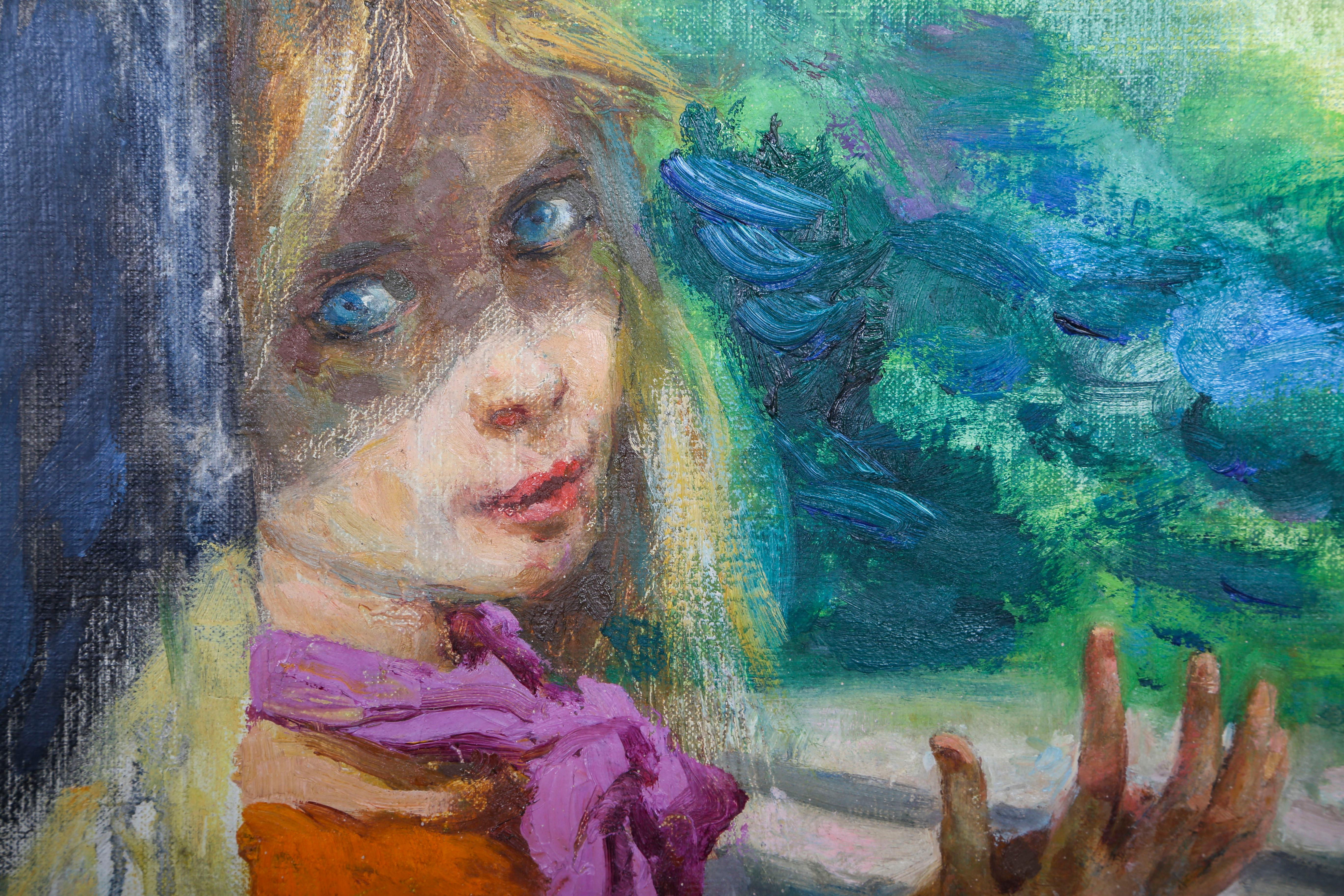 Jeune femme par un arbre, peinture à l'huile de Marshall Goodman en vente 2