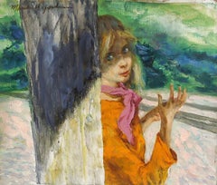 Jeune femme par un arbre, peinture à l'huile de Marshall Goodman