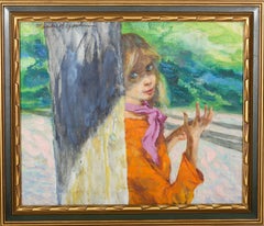 Jeune femme par un arbre, peinture à l'huile de Marshall Goodman