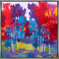 "Eleven, East of Eagle Bend" - Peinture à l'huile vibrante d'un paysage bordé d'arbres 