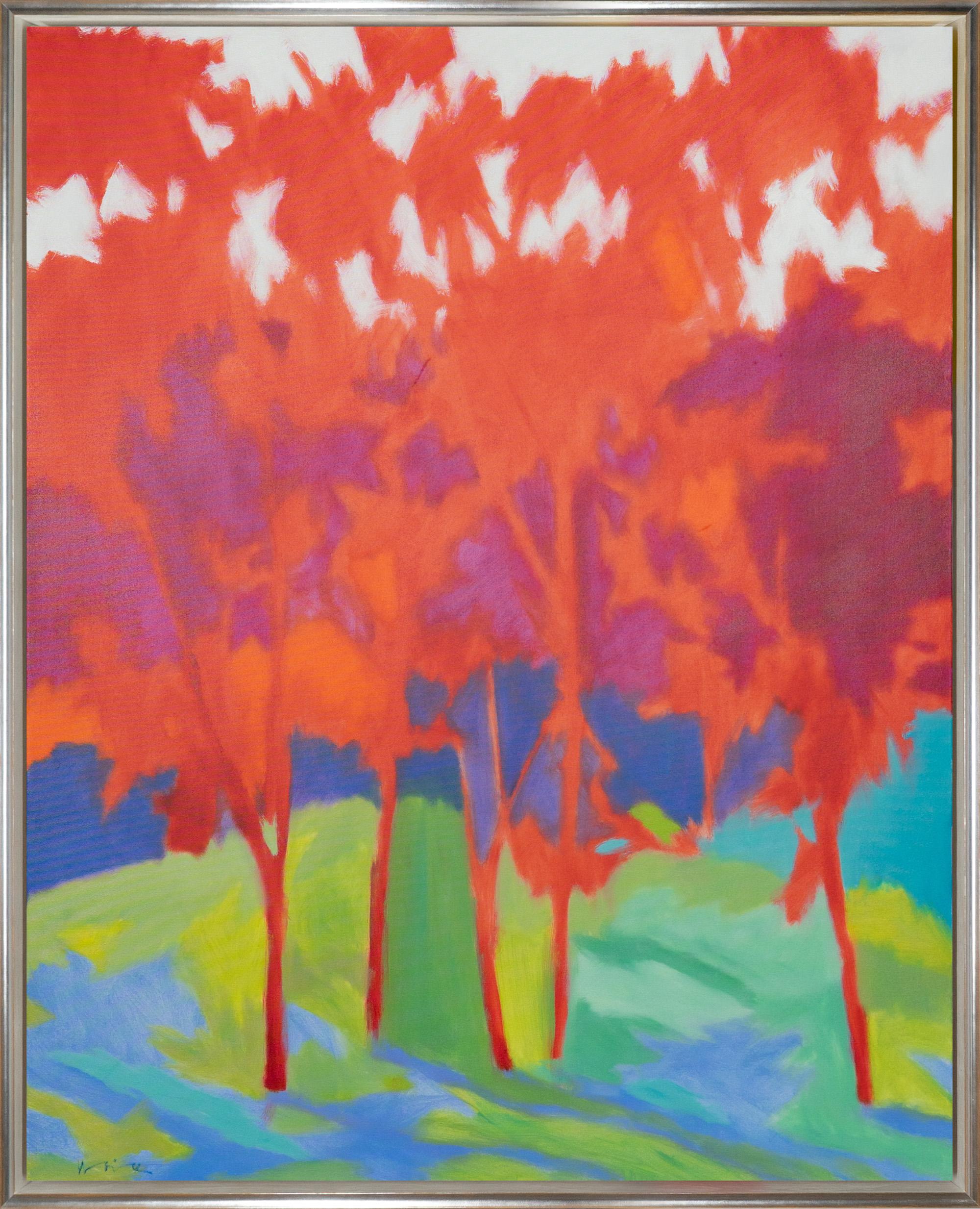Marshall Noice Abstract Painting - "Five in Fall Color" Expressionist Landscape Painting of Colorful Red Trees