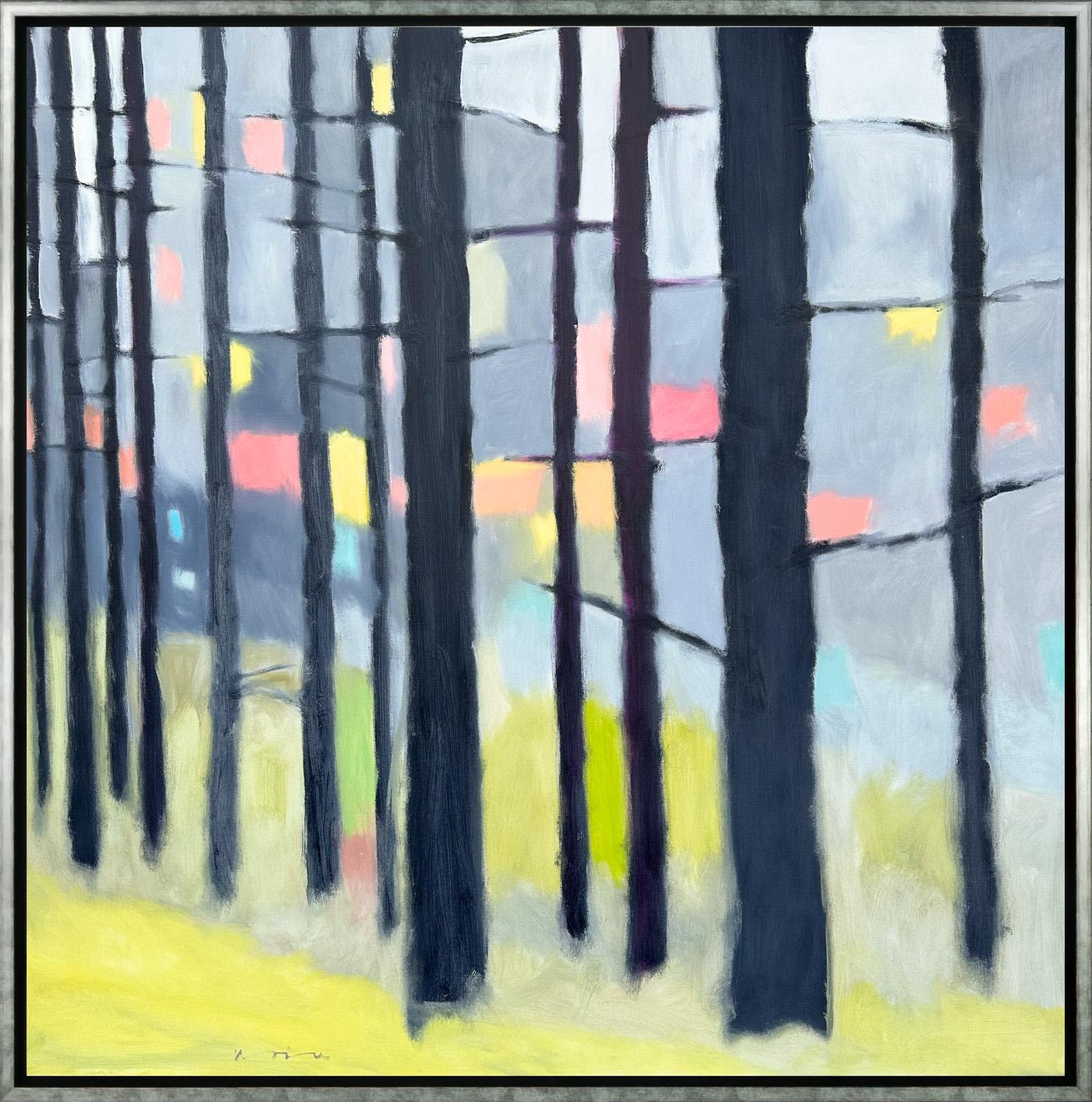 "Paynes Gray Forest" Zeitgenössische abstrakte Landschaft Gerahmtes Öl auf Leinwand